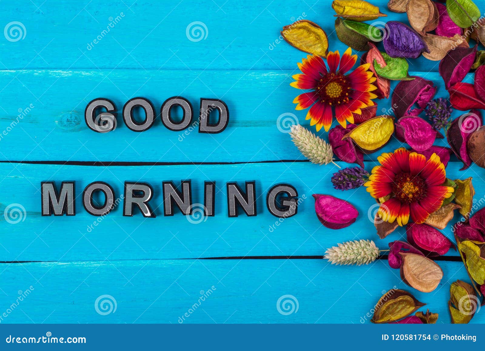 Good Morning Word on Blue Wood with Flower Stock Photo - Image of ...