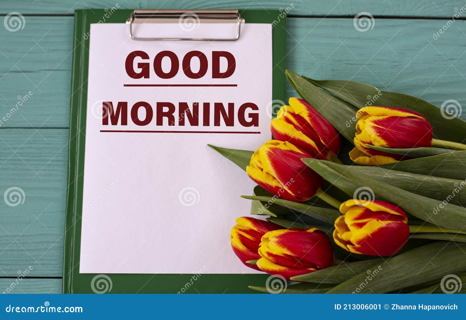 GOOD MORNING - Words on a White Sheet on a Green Background with ...