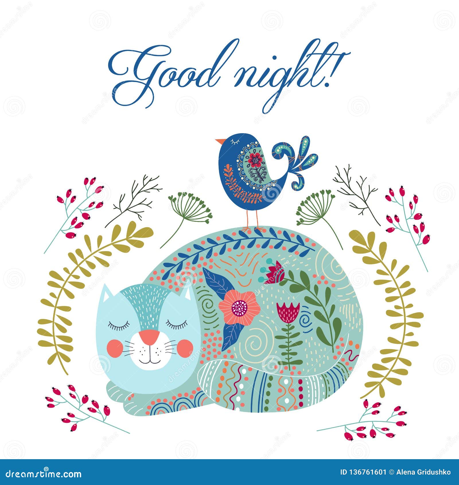 Good Night. Art Vector Colorful Illustration with Cute Cat, Bird and ...