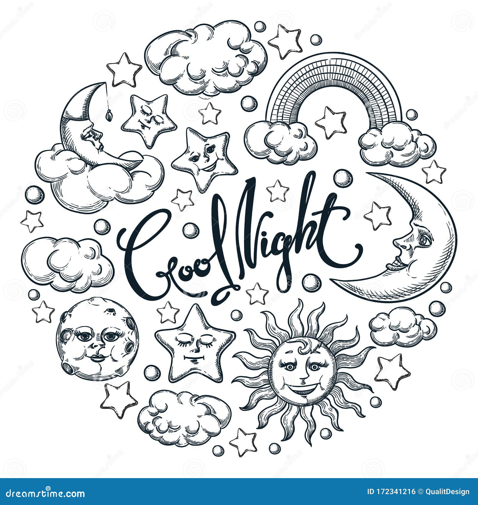 good night calligraphy lettering poster or label .  sketch  of sleeping moon, sun and cluds