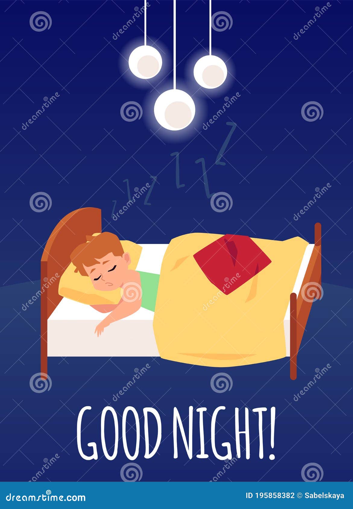 Good Night Card with Boy Sleeping in Bed Flat Cartoon Vector Illustration.  Stock Vector - Illustration of child, little: 195858382