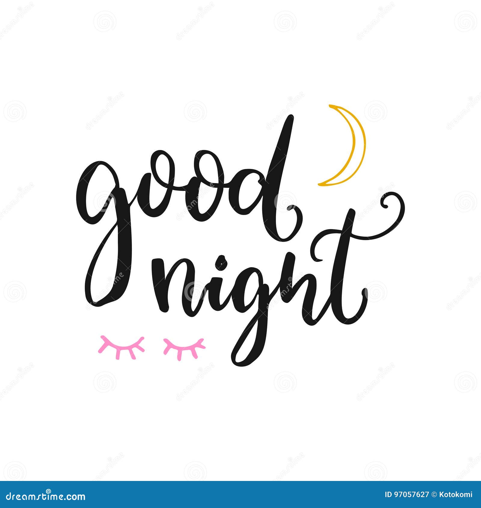 Good Night Card with Brush Lettering, Moon and Closed Eyes. Vector ...