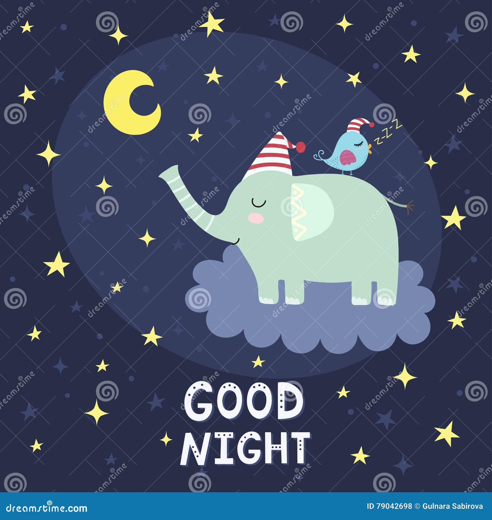 Good Night Card with Cute Elephant Flying on the Cloud Stock Vector