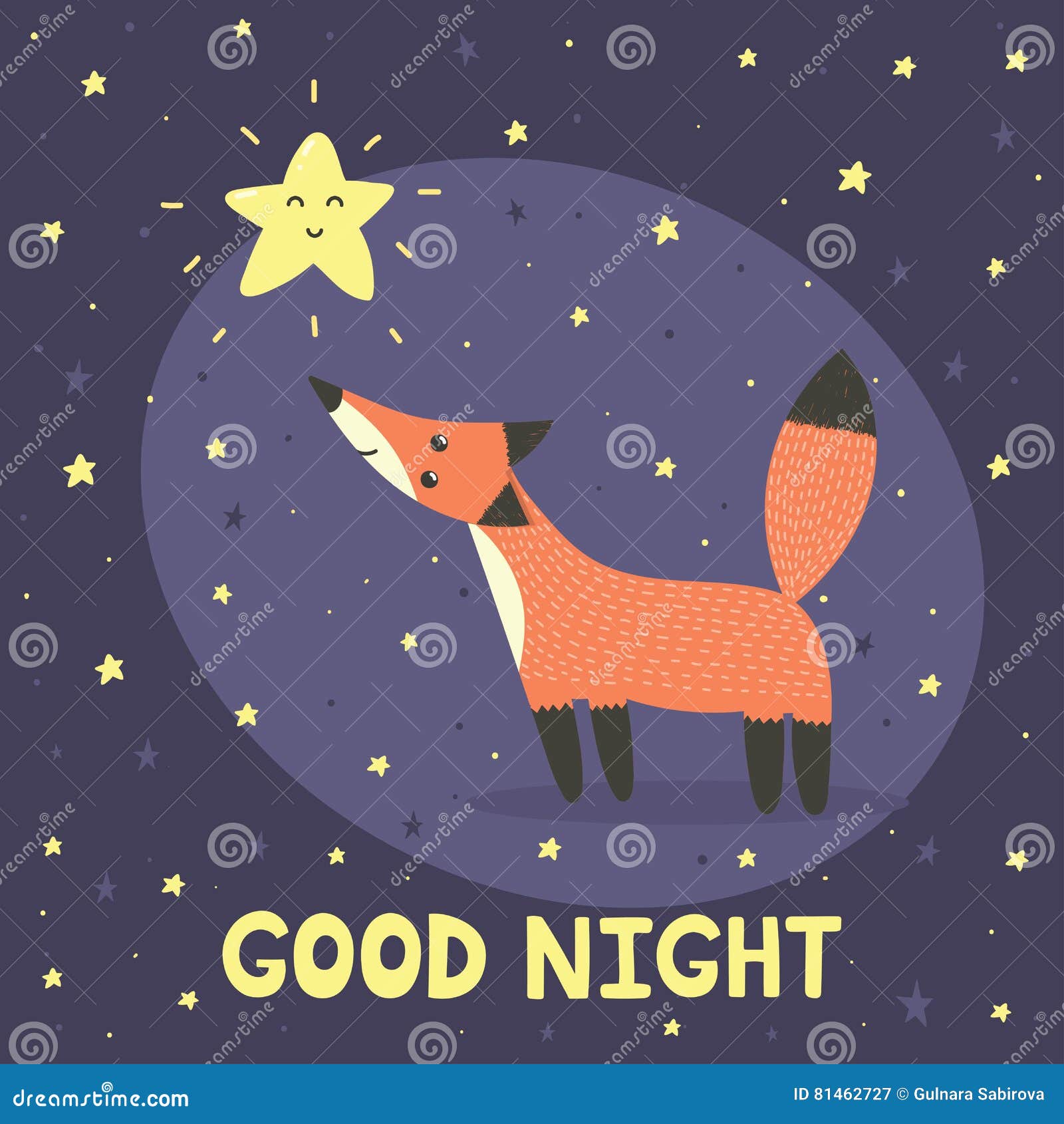 Good Night Card With Cute Fox And Star Stock Vector - Illustration of ...