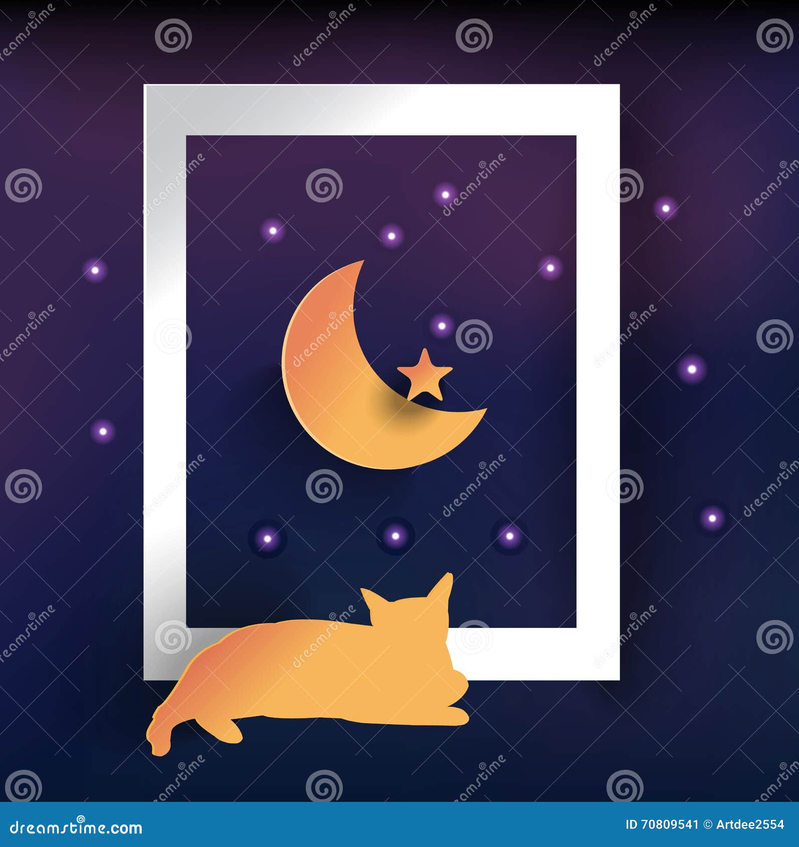 Night card. Аппликация кошка и Луна.