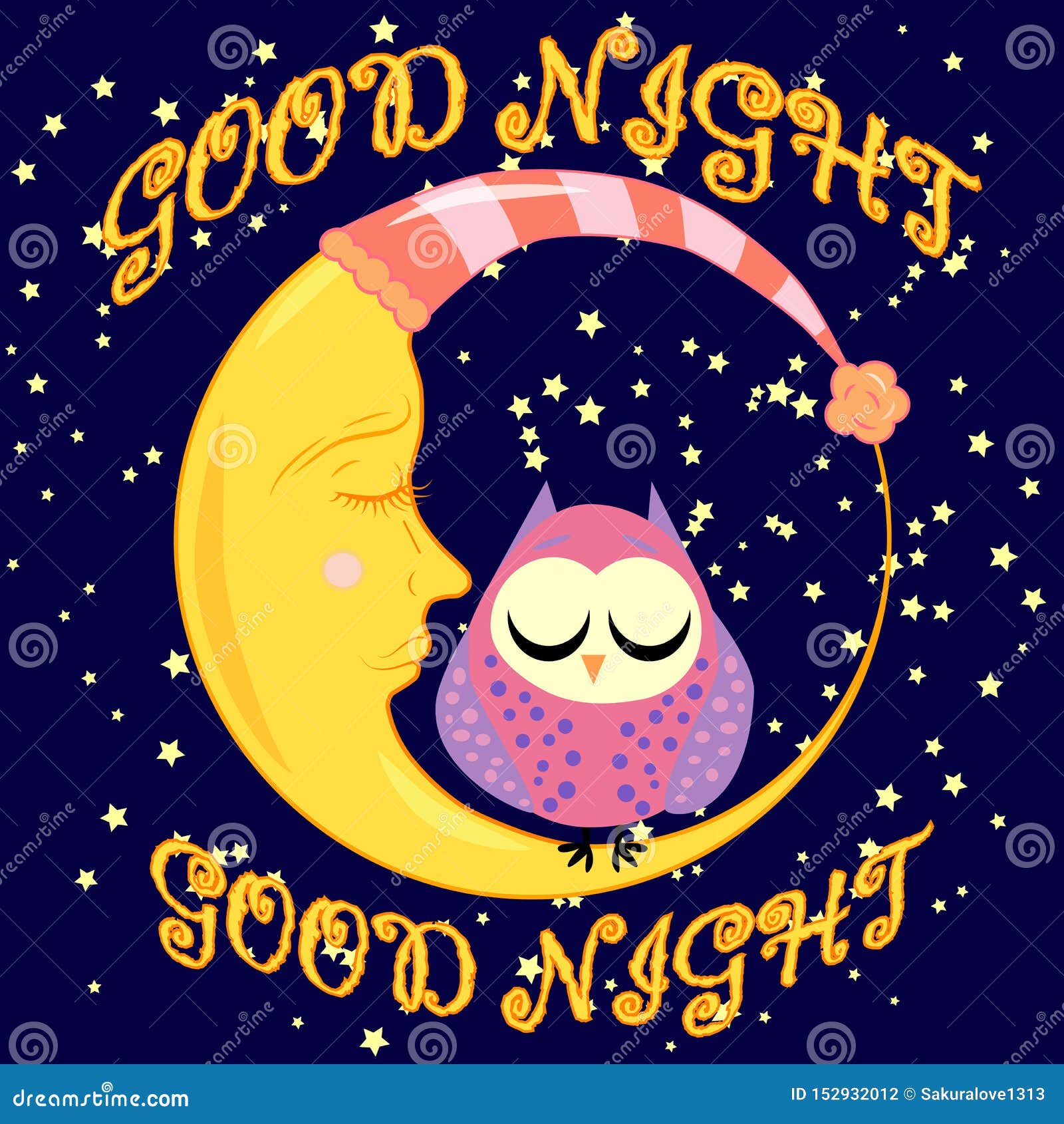 Good Night Card with Sleeping Moon and Cute Owl. Illustration Stock ...