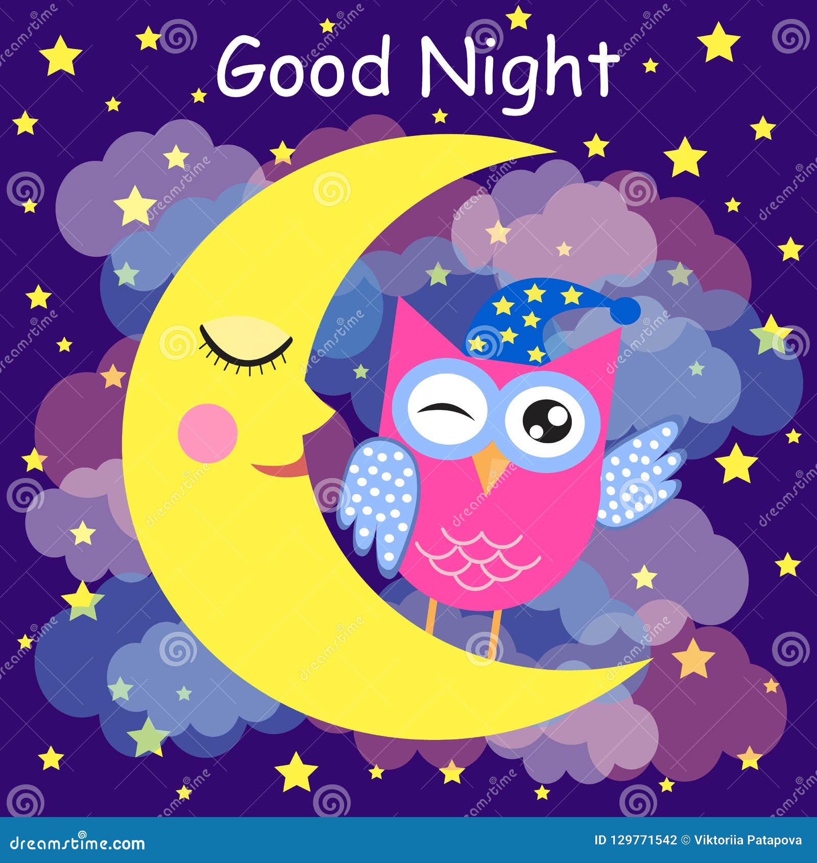 Good Night Card with a Sleeping Owl, Moon and a Clouds. Vector ...