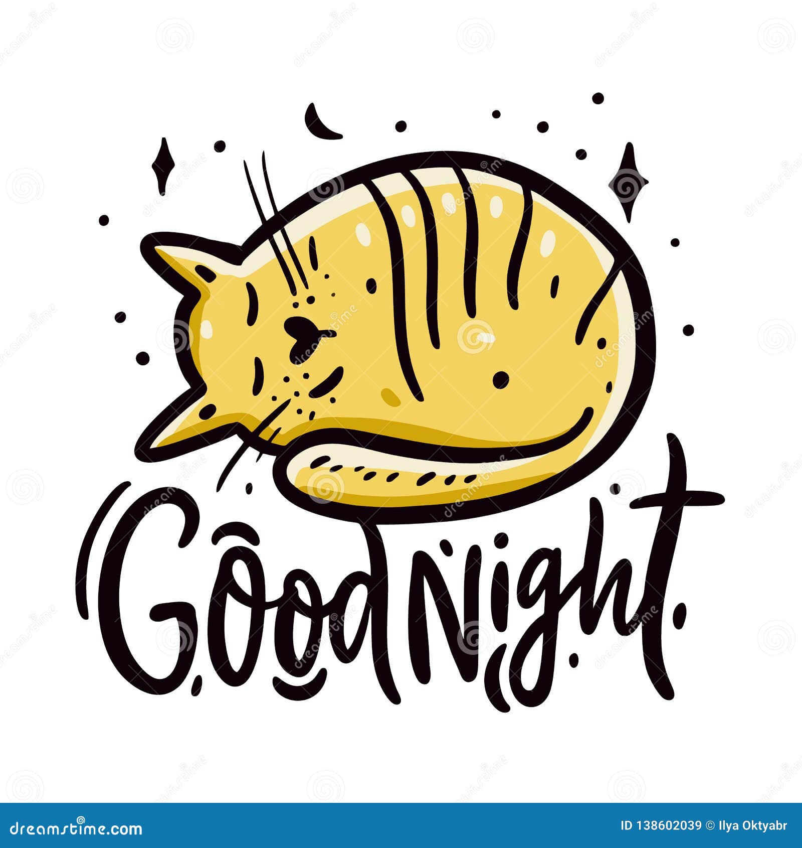 Good Night. Cat Cartoon Style. Hand Drawn Vector Illustration. Sleeping ...