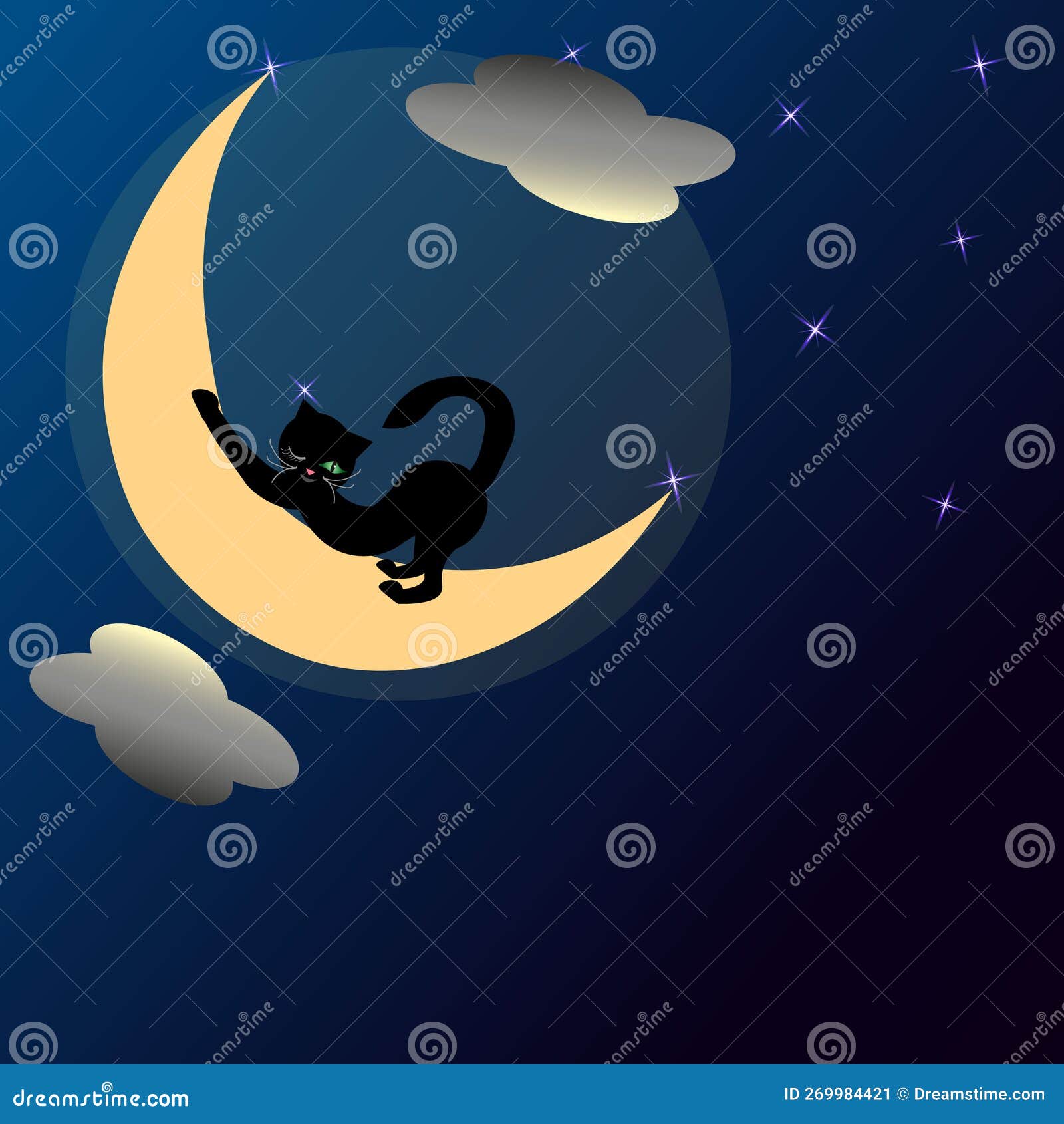 Good Night.on the Moon, a Black Cat Stretches Stock Vector ...