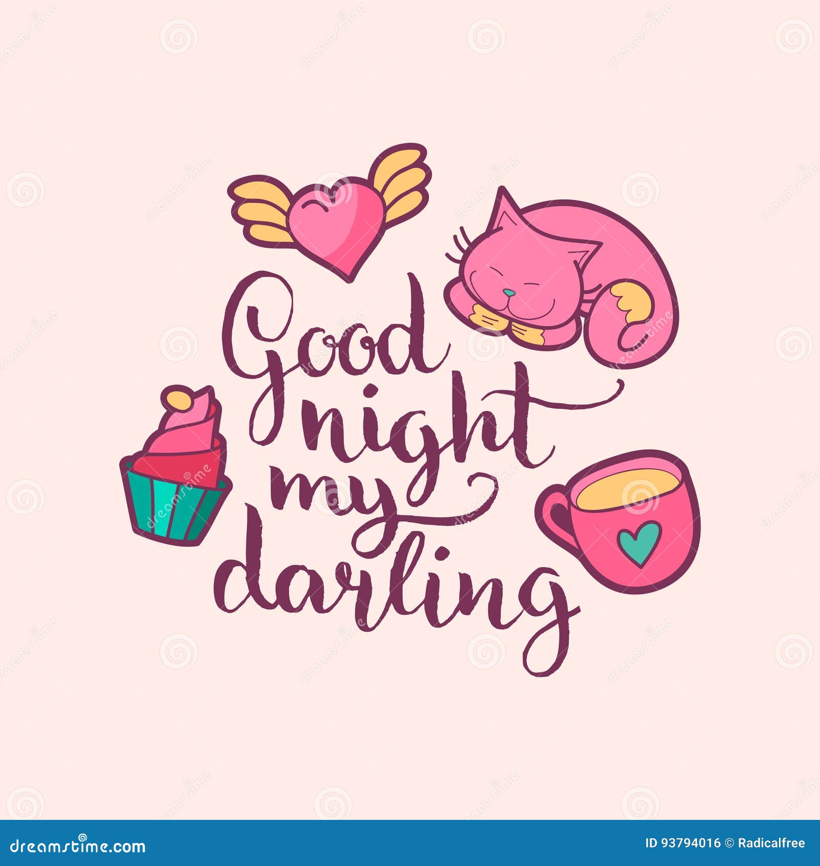 Good Night My Darling Hand Lettering Vector Cute Illustration