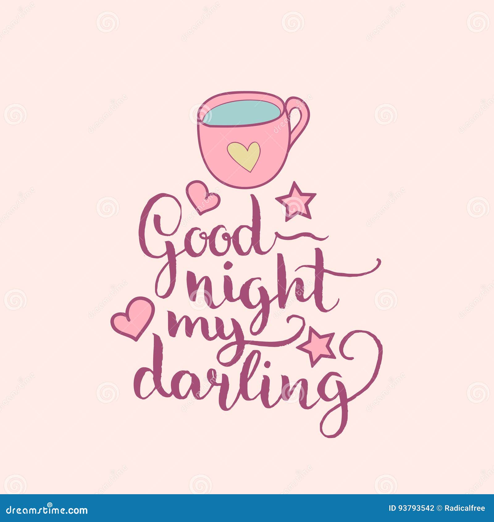 Good Night My Darling Hand Lettering.Vector Cute Illustration with ...