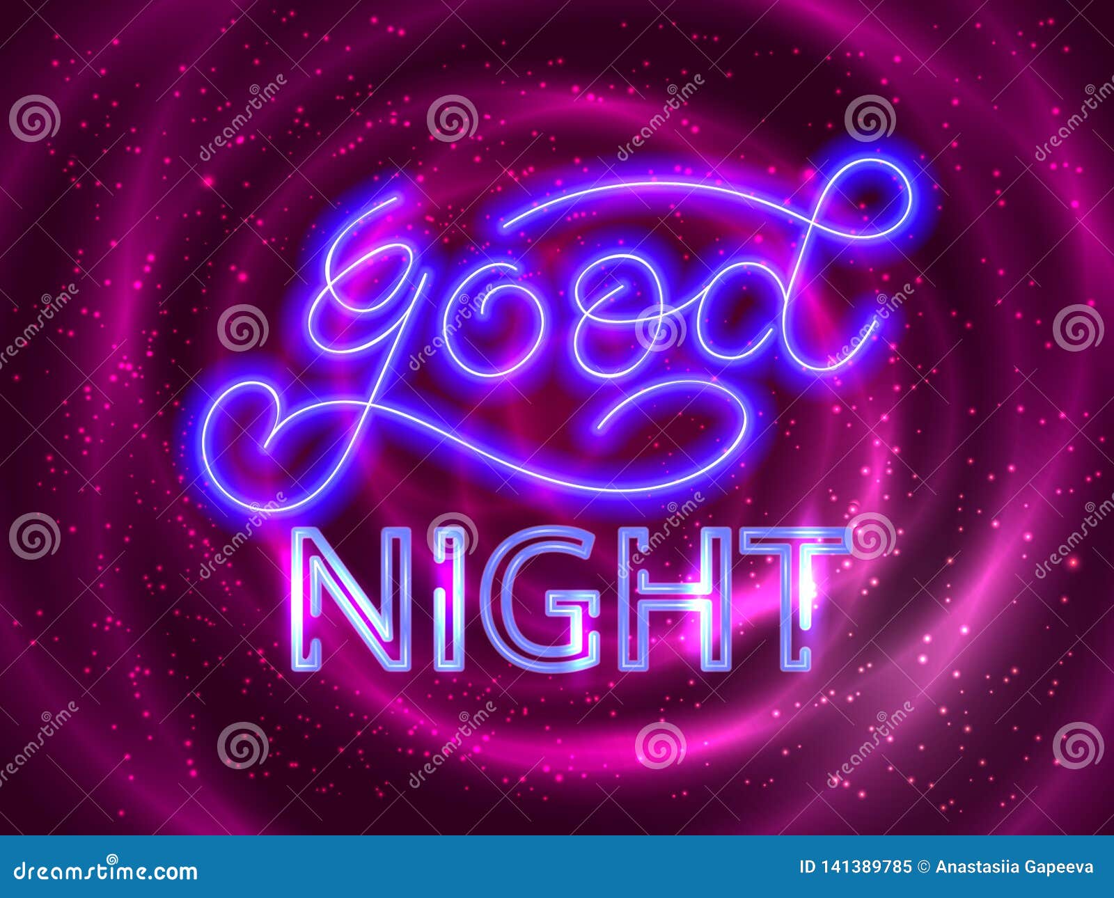 Good Night Neon Lettering. Circular Background. Vector Illustration