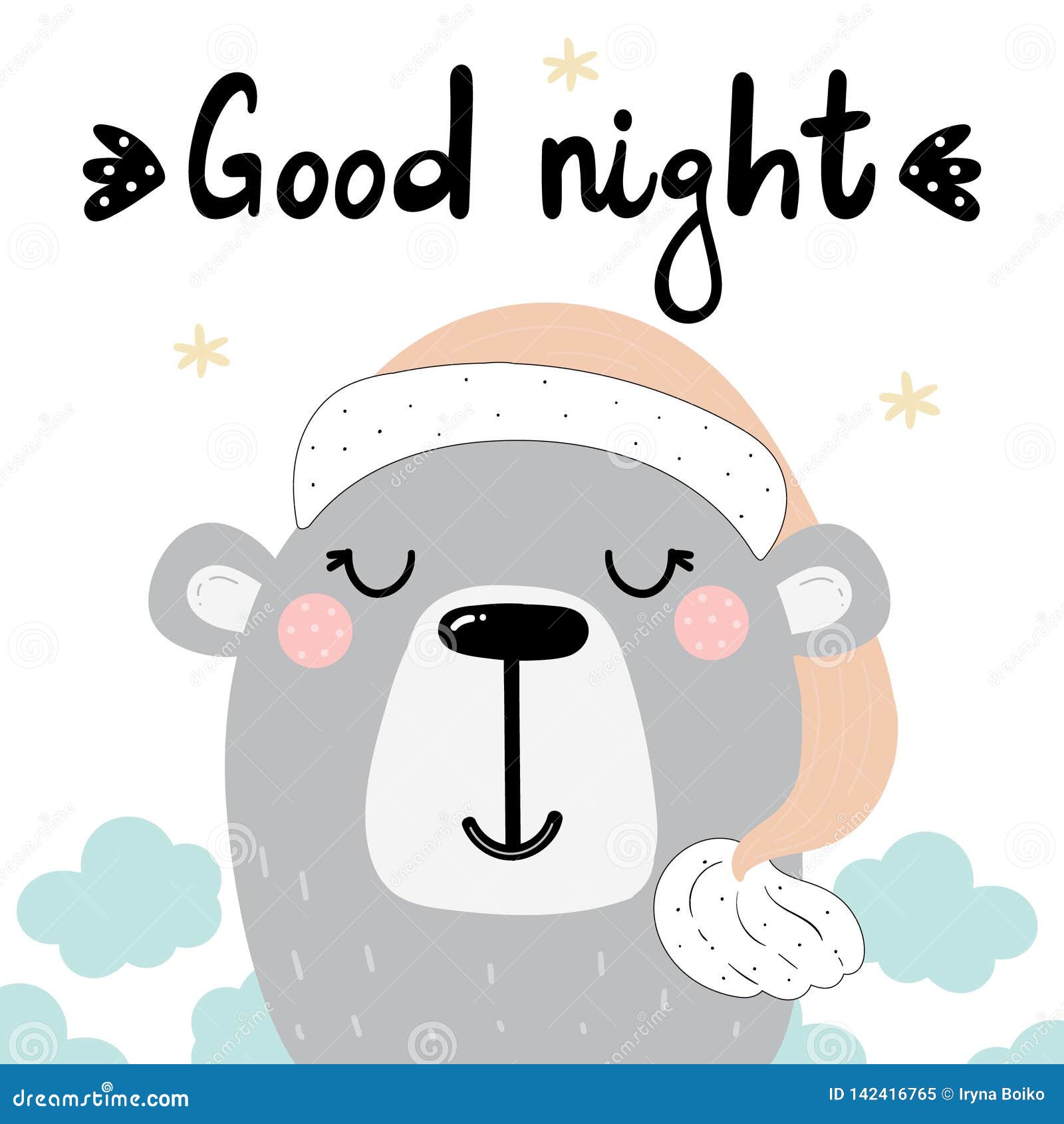 Cute Good Night Card with Hand Drawn Bear. Vector Print. Stock Vector ...