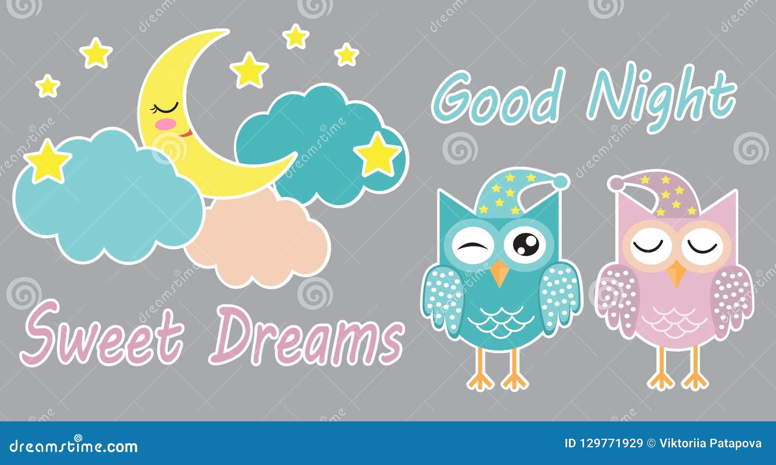 Good Night and Sweet Dreams Cute Set of Stickers with Sleeping ...