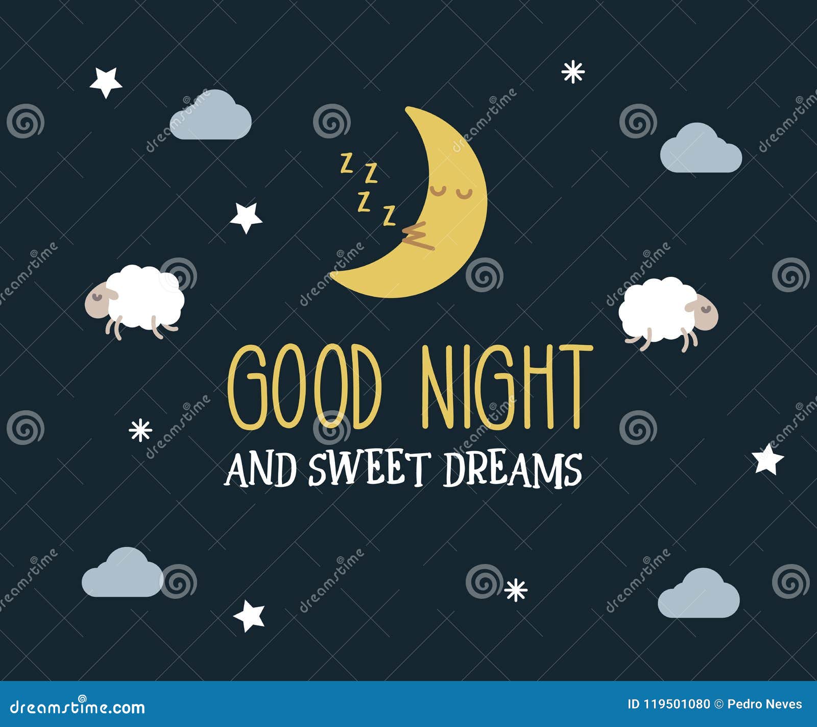 Good Night and Sweet Dreams Cute Vector Card. Editable ...