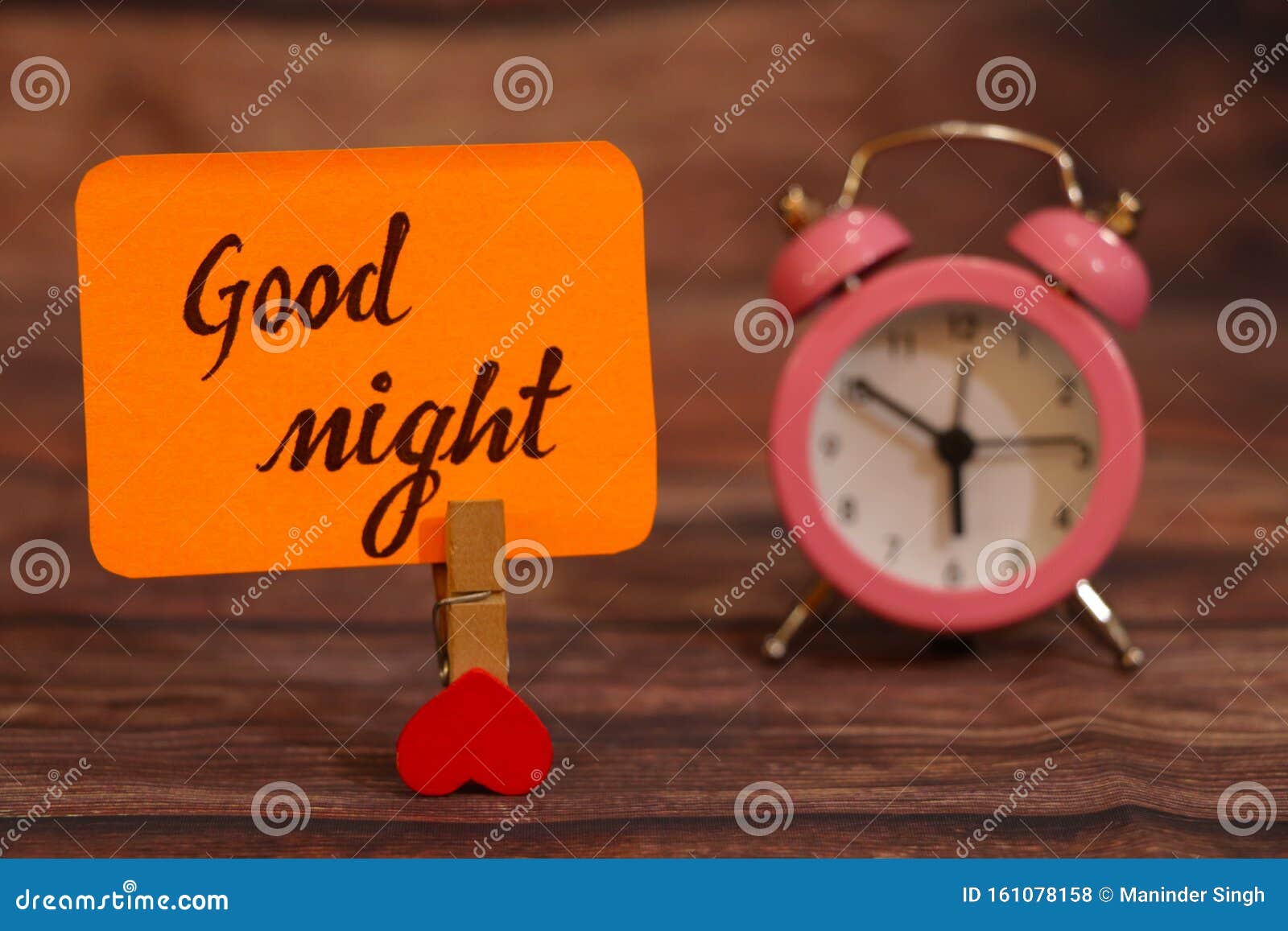 Good Night Text Attached with Heart Clip and Alarm Clock. Stock Photo Image of side, attached