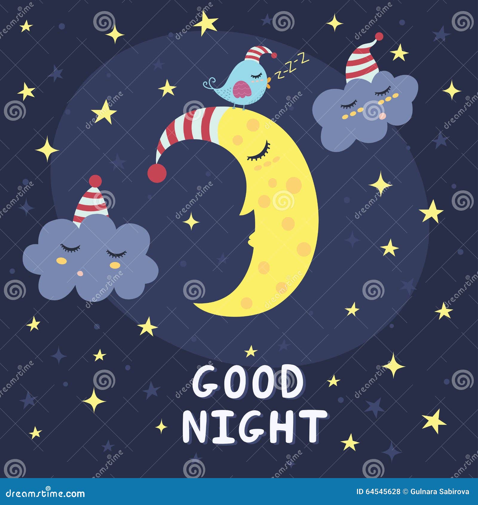 Good Night Vector Card with the Cute Sleeping Moon, Clouds and a Bird