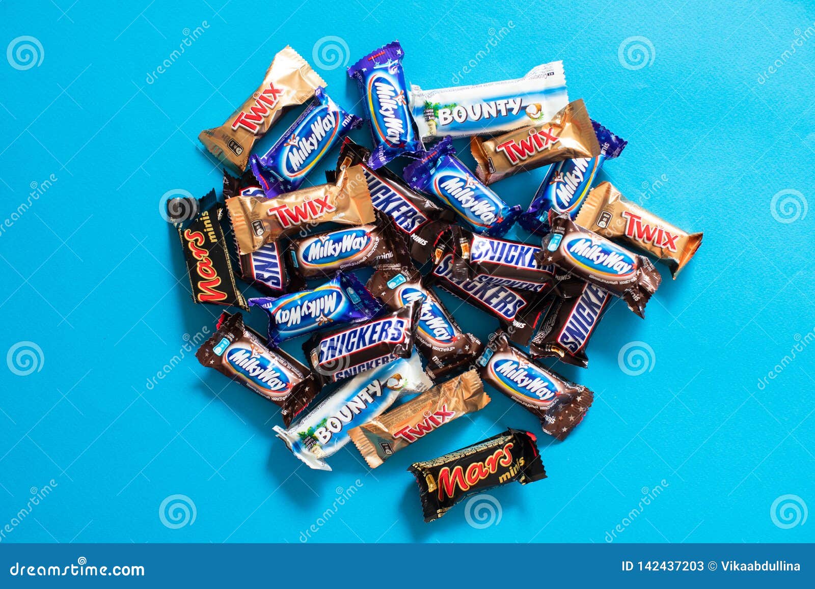 Twix, Milky Way, Snickers, Bounty, Mars Mini Candy Chocolate Bars Blue Background Editorial Stock - Image of popular, likes: 142437203