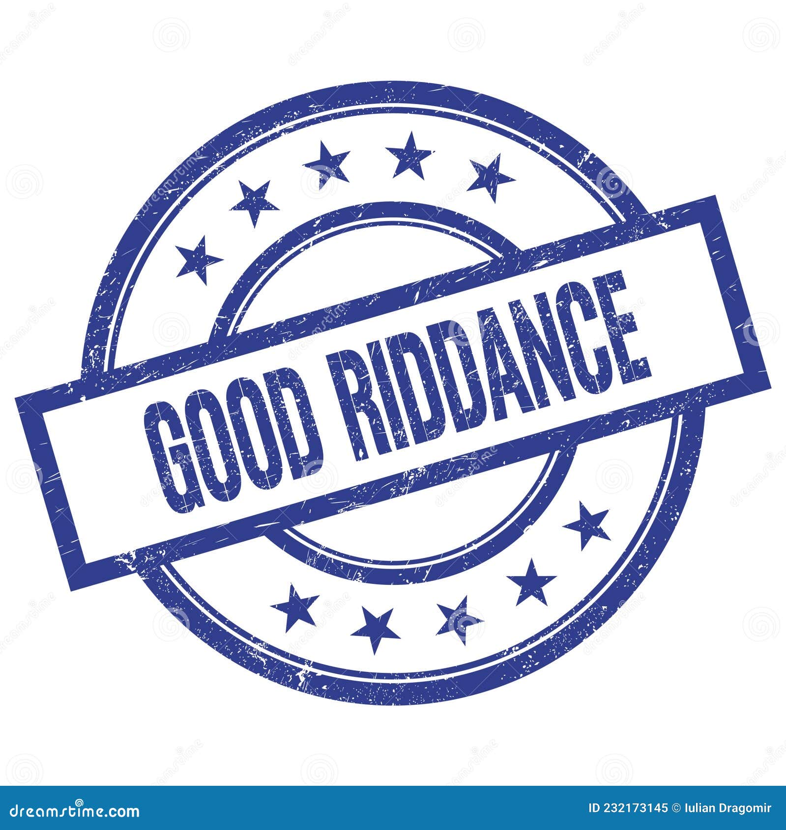 good riddance text written on blue vintage round stamp