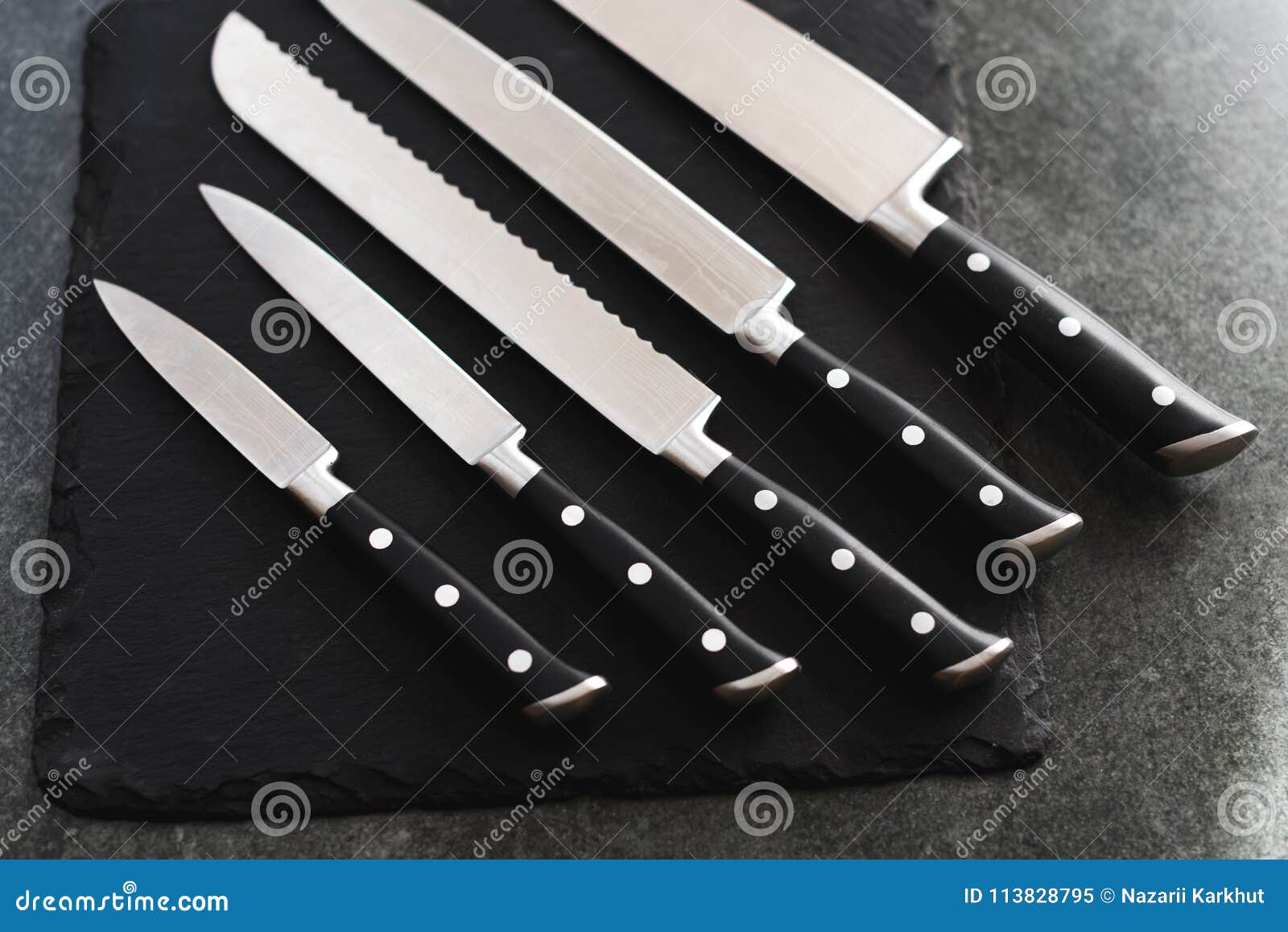A Good Set of Kitchen Knives for Slicing Stock Image Image of dark