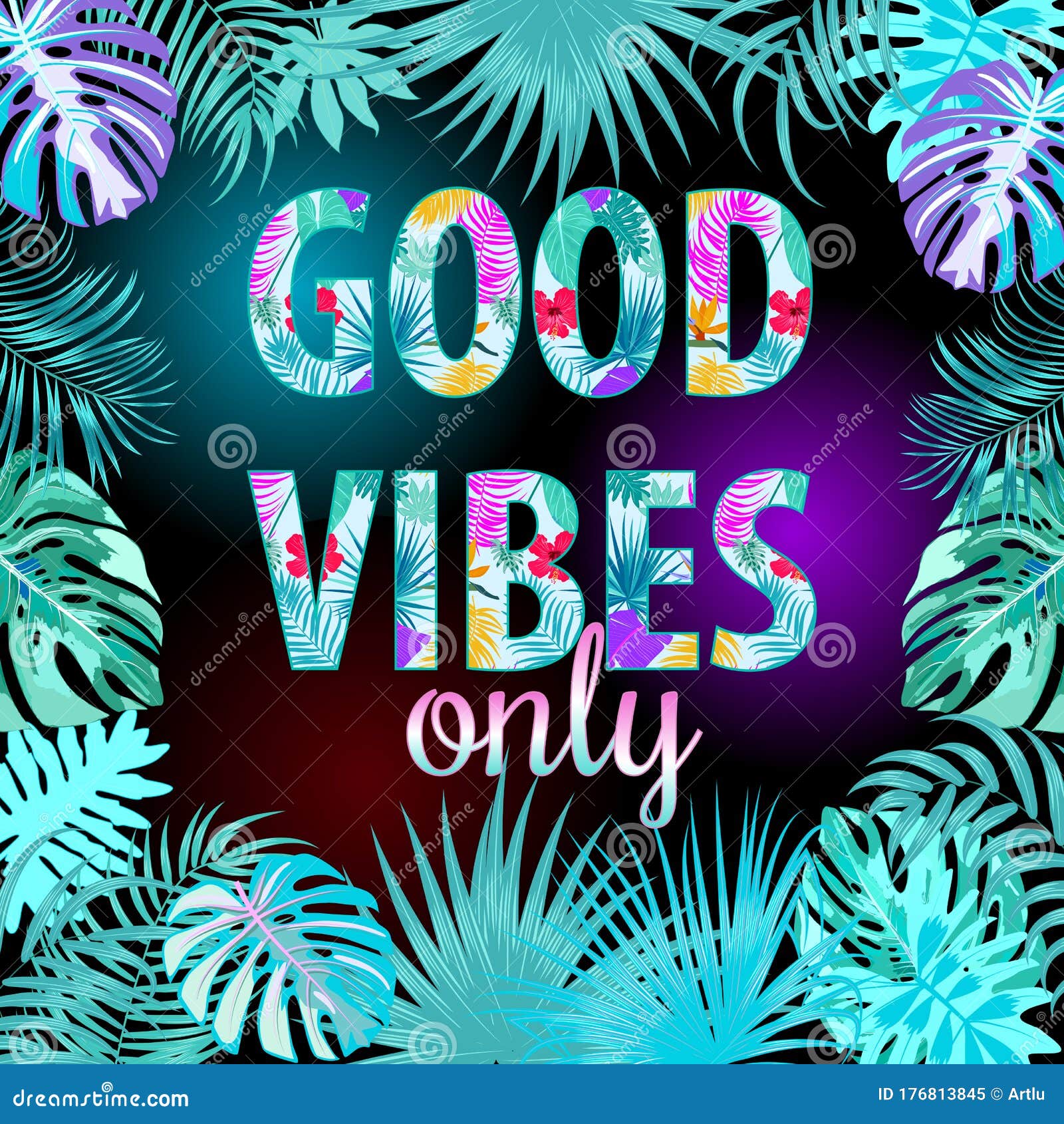 Tropical Summer Neon Good Vibes Aesthetic with Monsteras Palm and