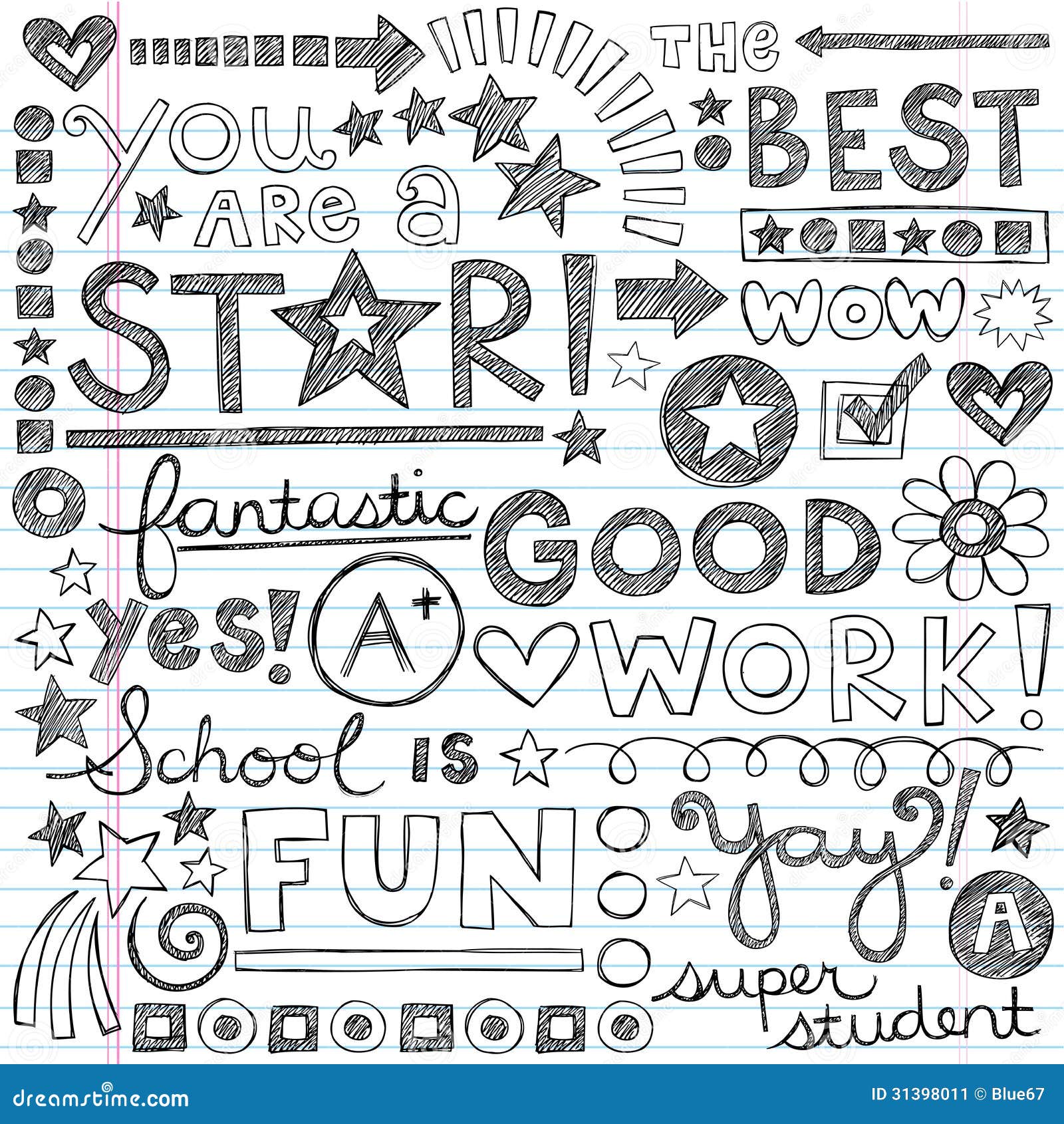 Good Work Praise Phrases Sketchy Doodle Encouragem Stock Vector