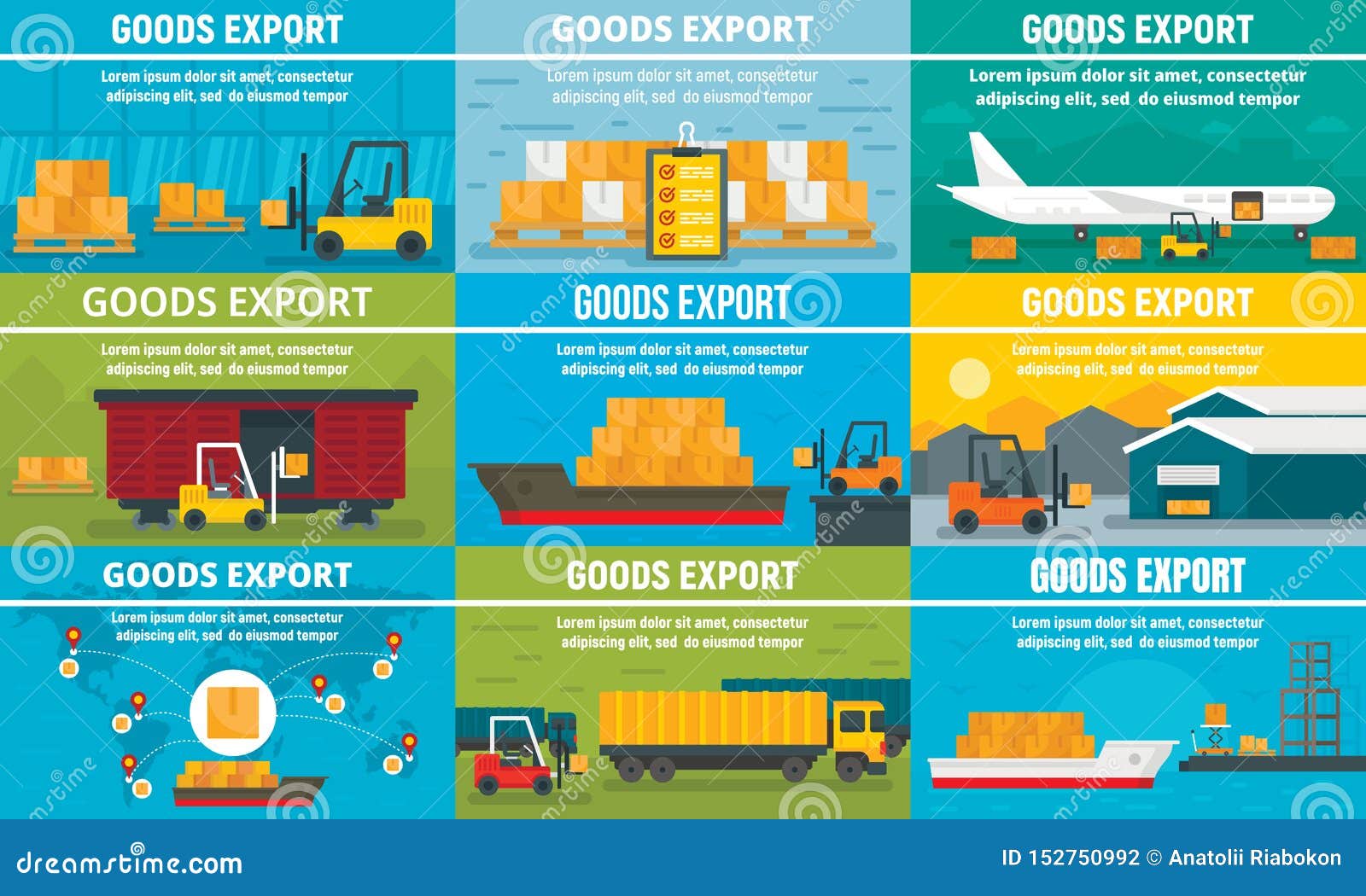 Goods Export Banner Set, Flat Style Stock Vector Illustration of