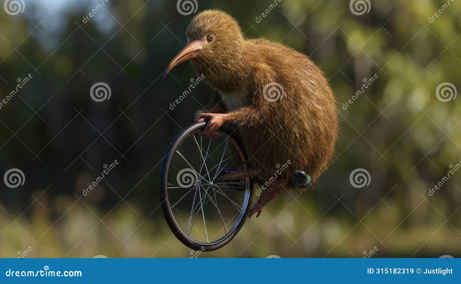 a goofylooking kiwi on a unicycle representing the kingdoms tradition of using unconventional ods to transport their