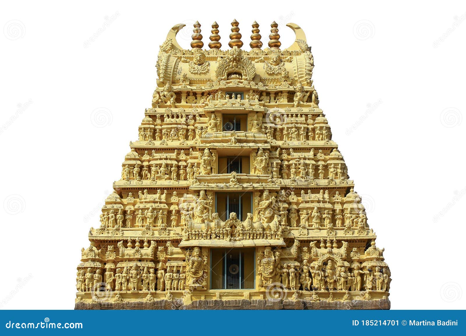 a gopuram, or gopura,  on white background. it is a monumental entrance tower of an hindu temple.