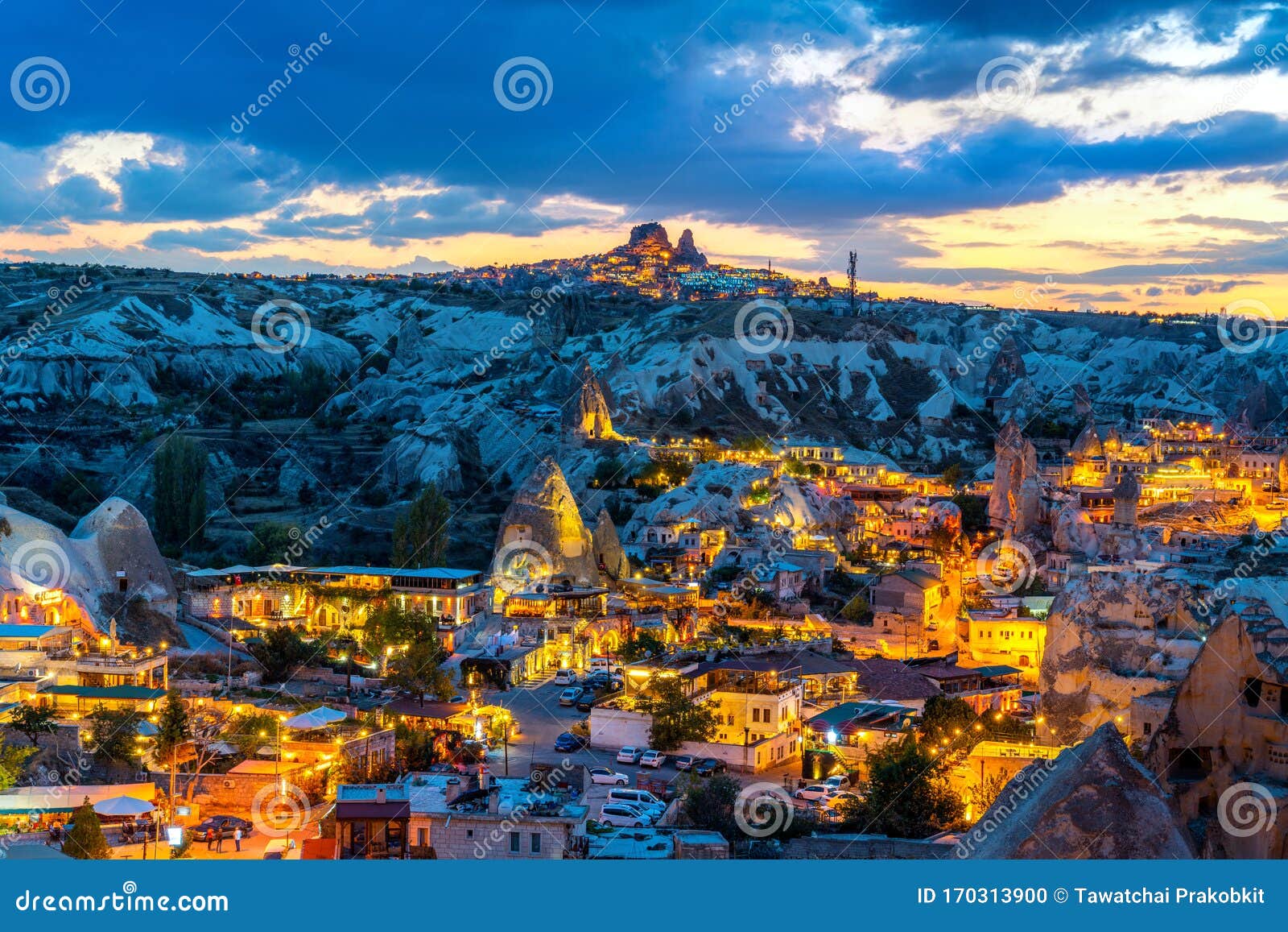 goreme town at twilight in cappadocia, turkey.