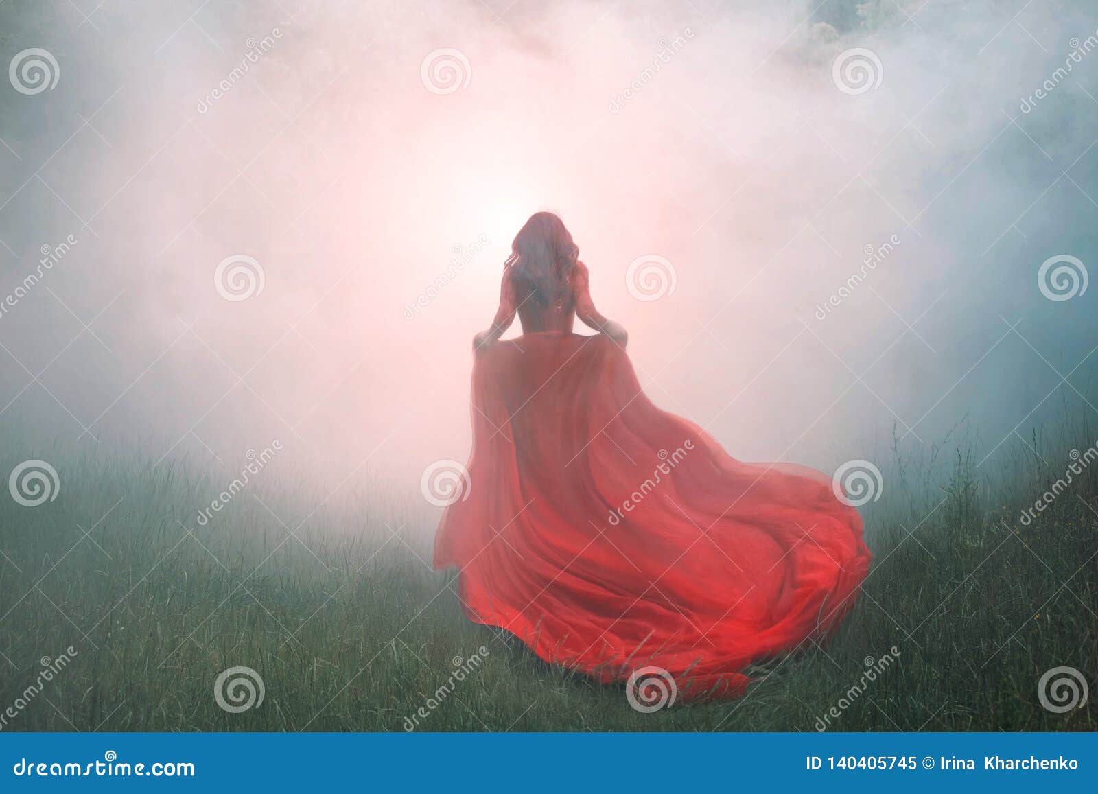 gorgeous amazing wonderful scarlet red dress with a long flying waving train, a mysterious girl with red curly hair runs