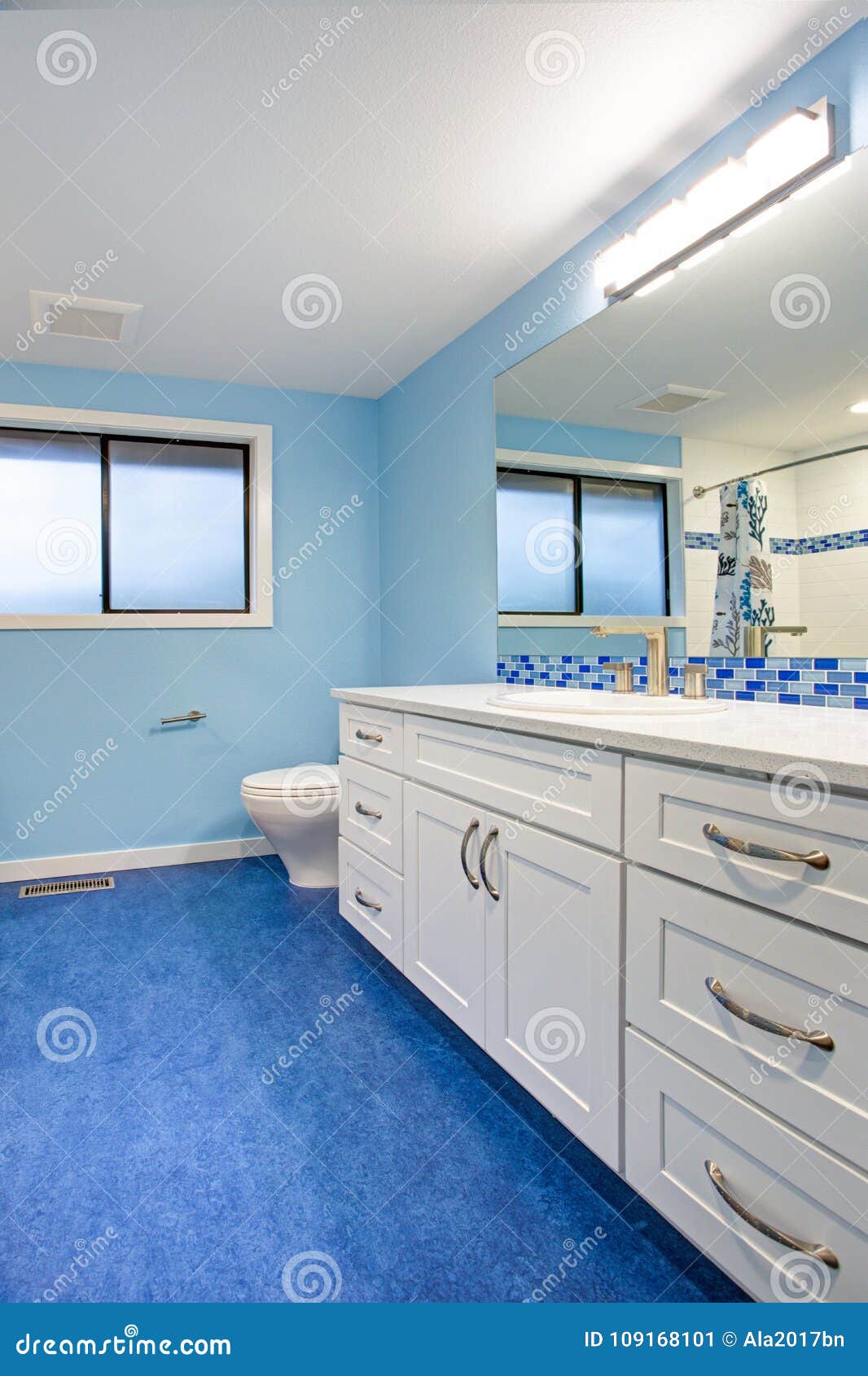 Gorgeous Bathroom With Blue Walls Stock Image Image Of American