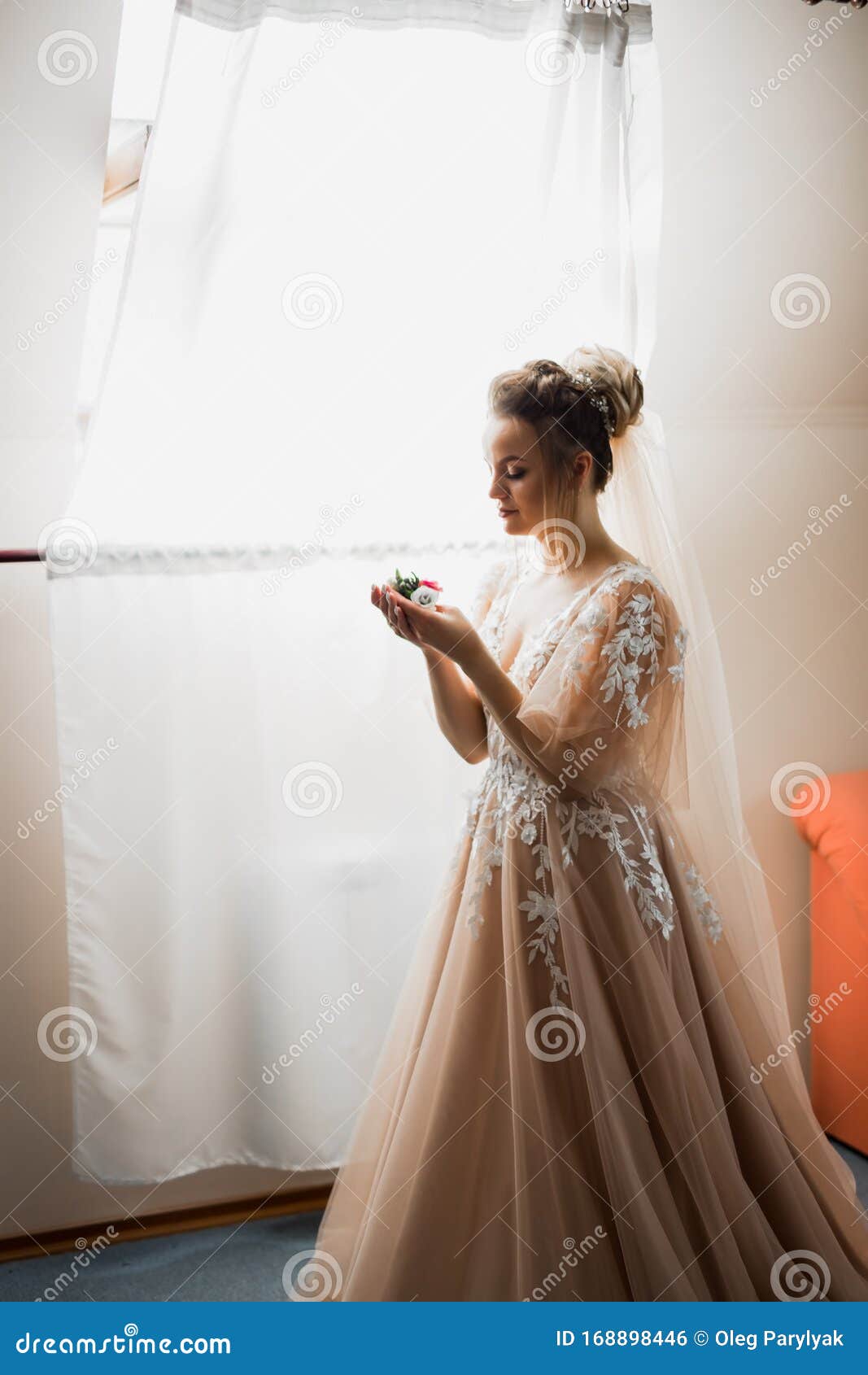 Gorgeous Bride In Robe Posing And Preparing For The Wedding Ceremony