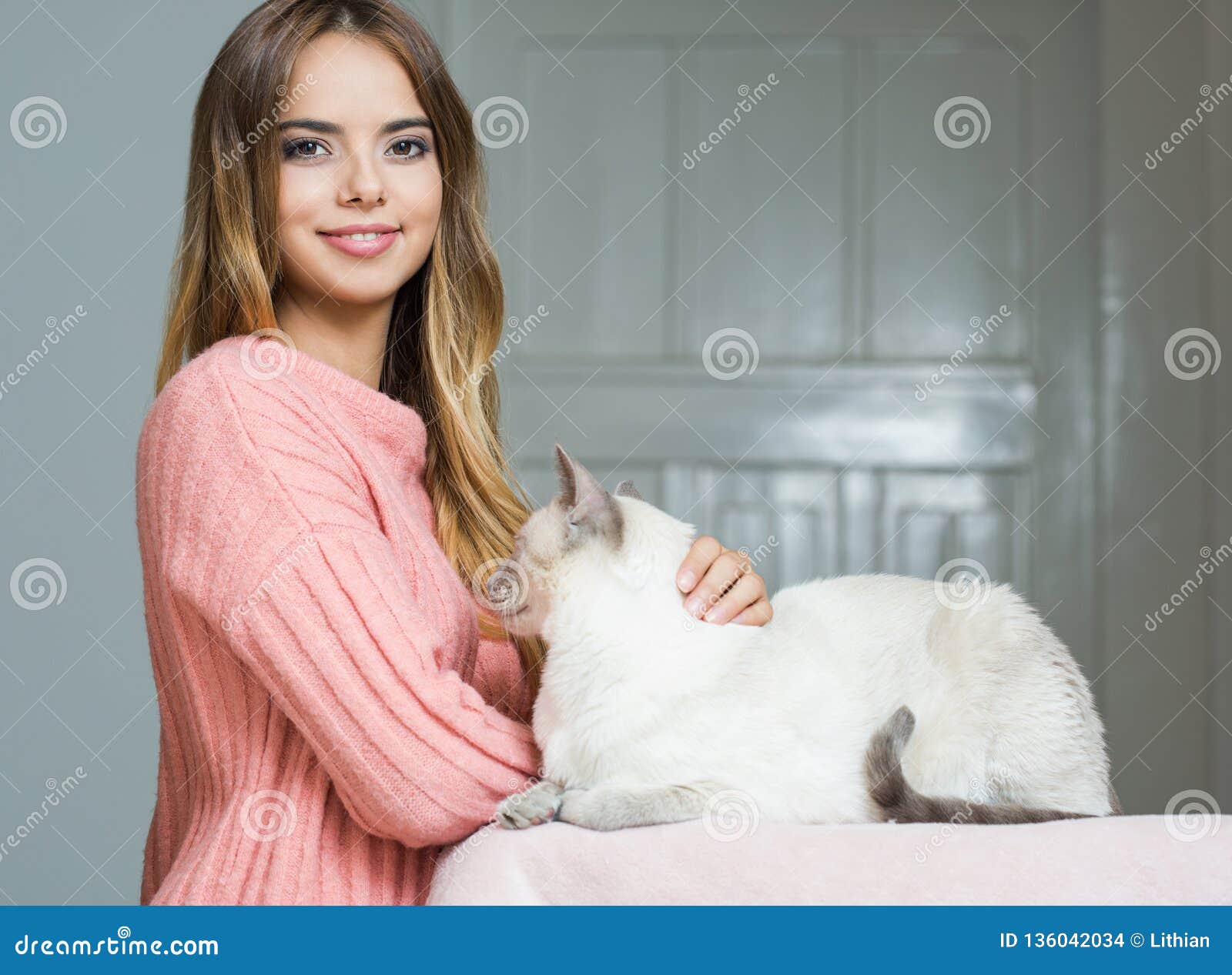 Gorgeous Brunette Loving Her Cat Stock Photo - Image of copy ...