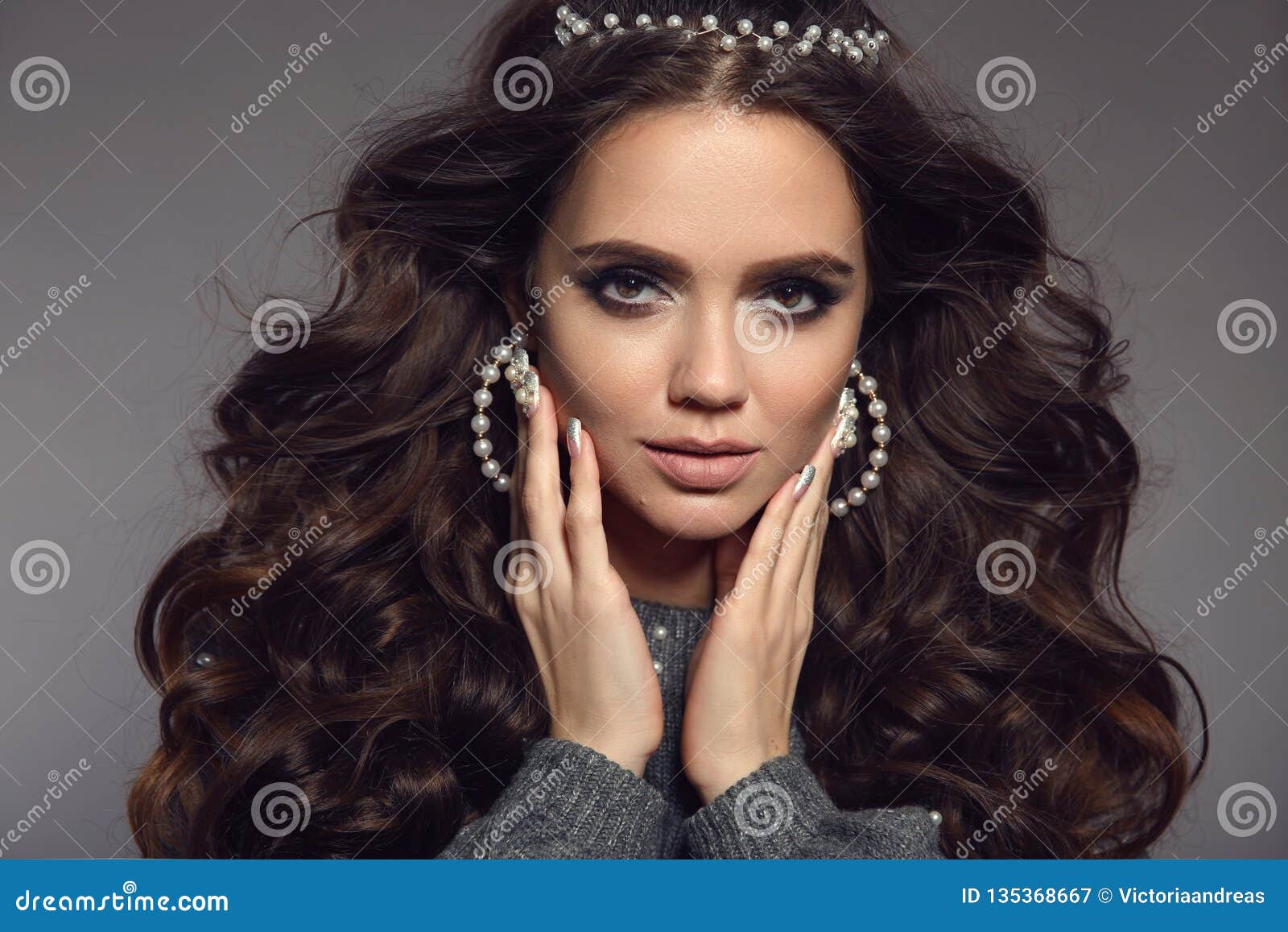 Gorgeous Brunette Portrait Beauty Makeup Pearls Jewelry Set Curly Long Hair Style Manicured 