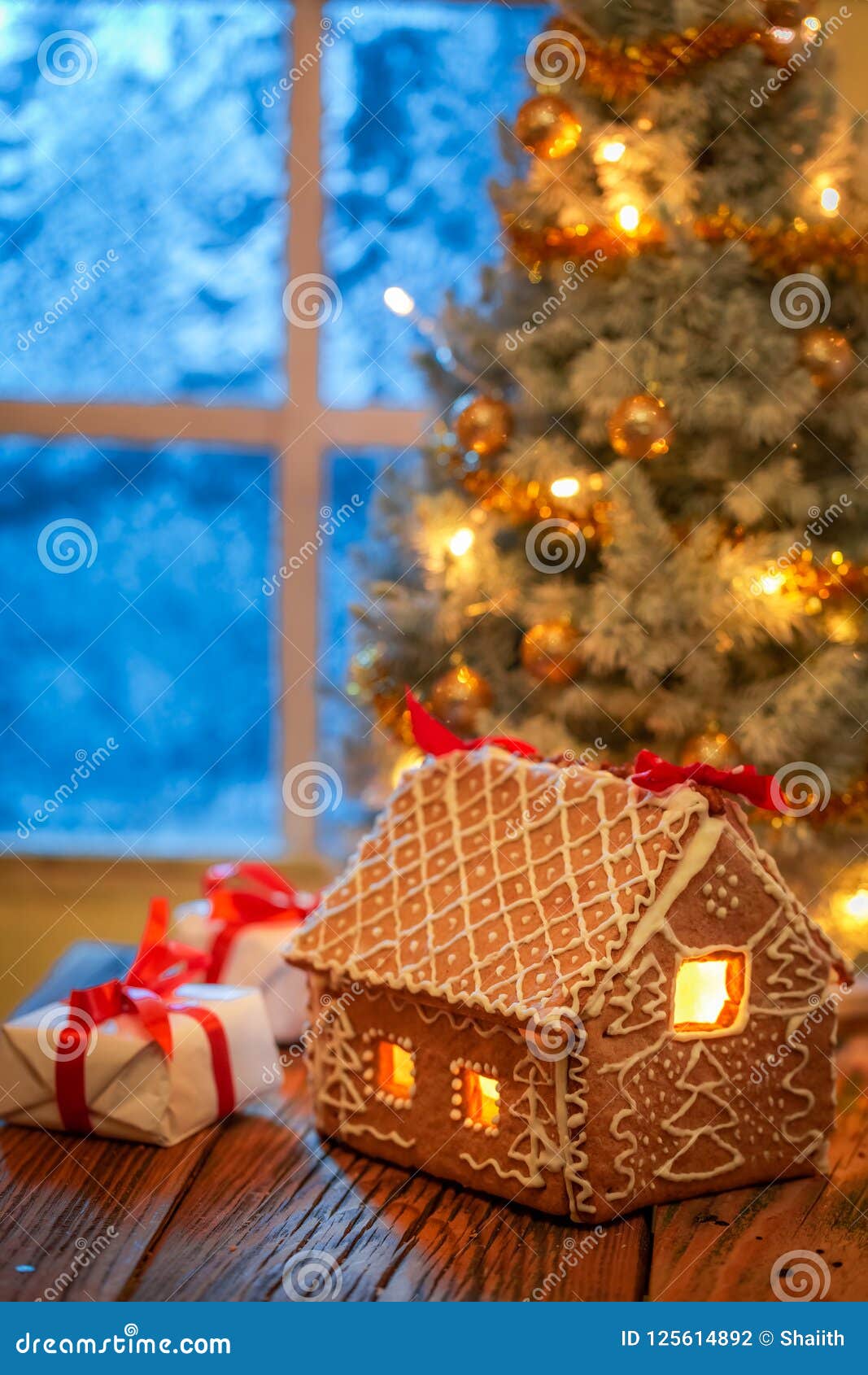 Gorgeous Christmas Tree and Gifts in Old Rustic House Stock Photo ...