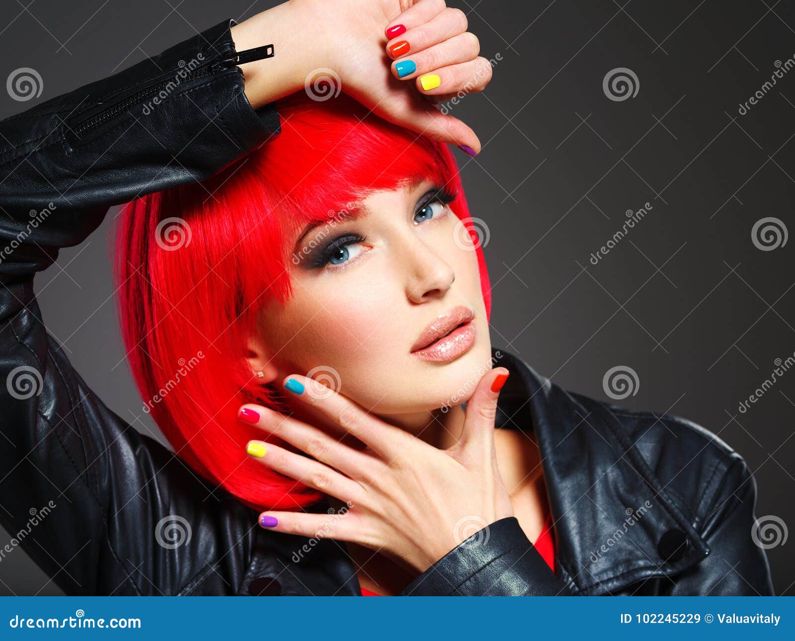 Gorgeous Fashion Woman With Red Hair And Black Jacket Stock
