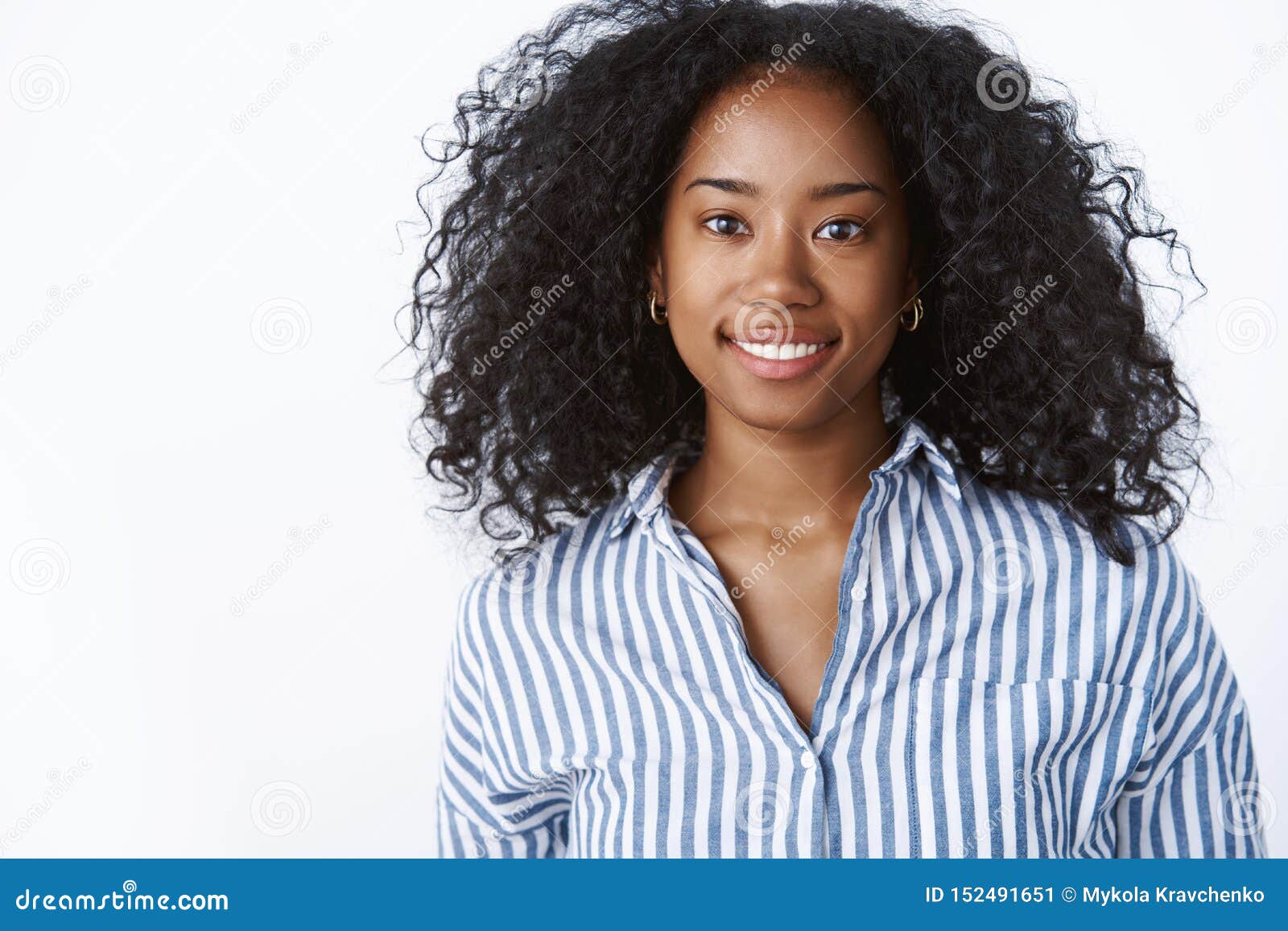 Gorgeous Friendly-looking Smiling Happy Dark-skinned Girl Afro Hairstyle  Wearing Office Striped Blouse Look Fashionable Stock Image - Image of  female, american: 152491651