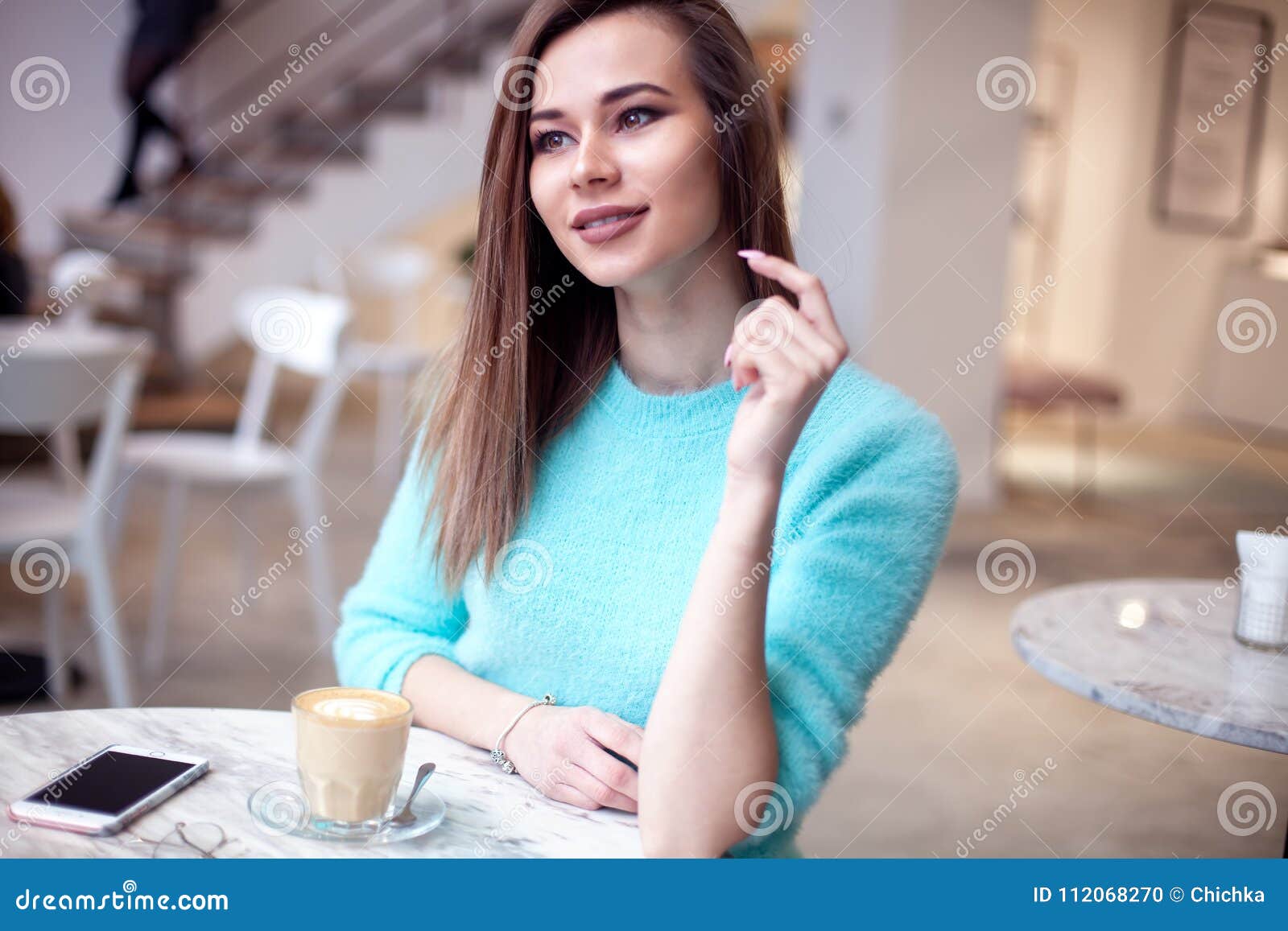 Gorgeous Girl with Curly Hairstyle Waiting Friend in Restaurant with ...