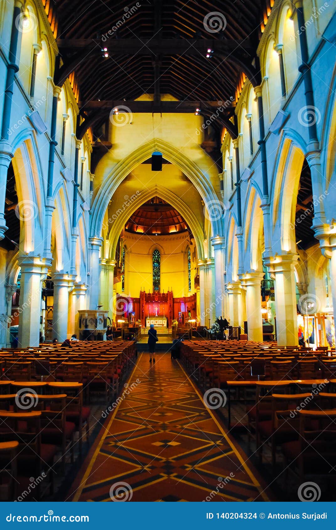 Gorgeous Interior of Medieval Stone Church with Tall Stupa Tower Stock