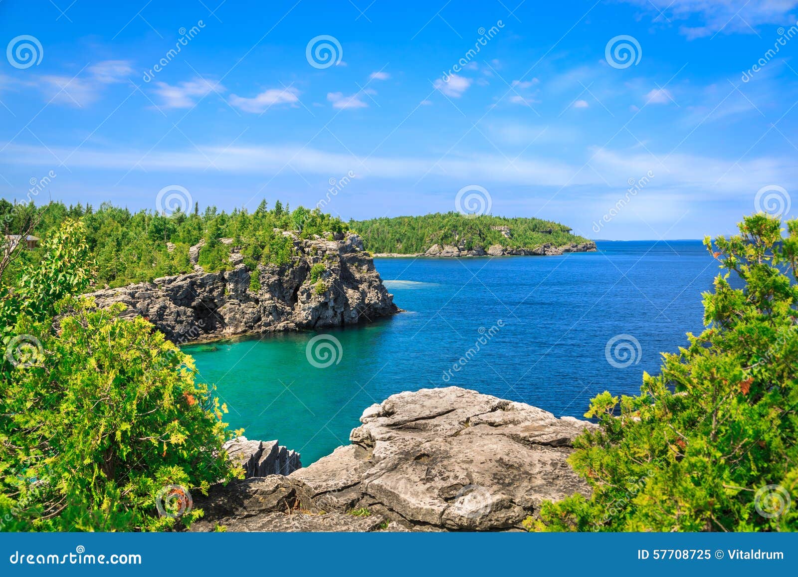 gorgeous landscape view of great inviting cyprus lake tranquil, turquoise water at beautiful bruce peninsula, ontario