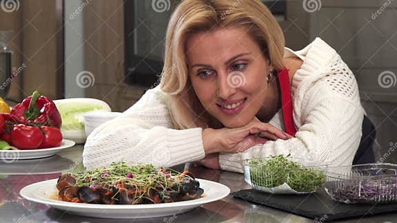 Gorgeous Mature Woman Decorating Delicious Food At Her Kitchen Stock Image Image Of Chef