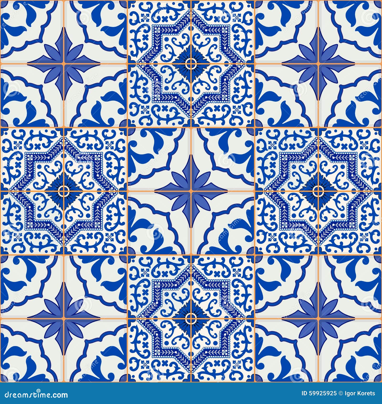 gorgeous seamless patchwork pattern from dark blue and white moroccan, portuguese tiles, azulejo, ornaments.