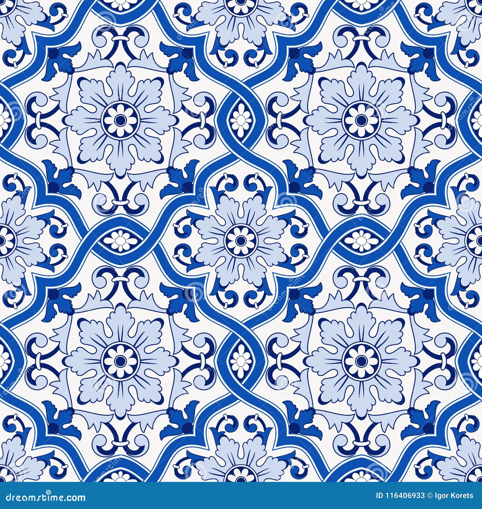 gorgeous seamless pattern from dark blue and white moroccan, portuguese tiles, azulejo, ornaments. can be used for