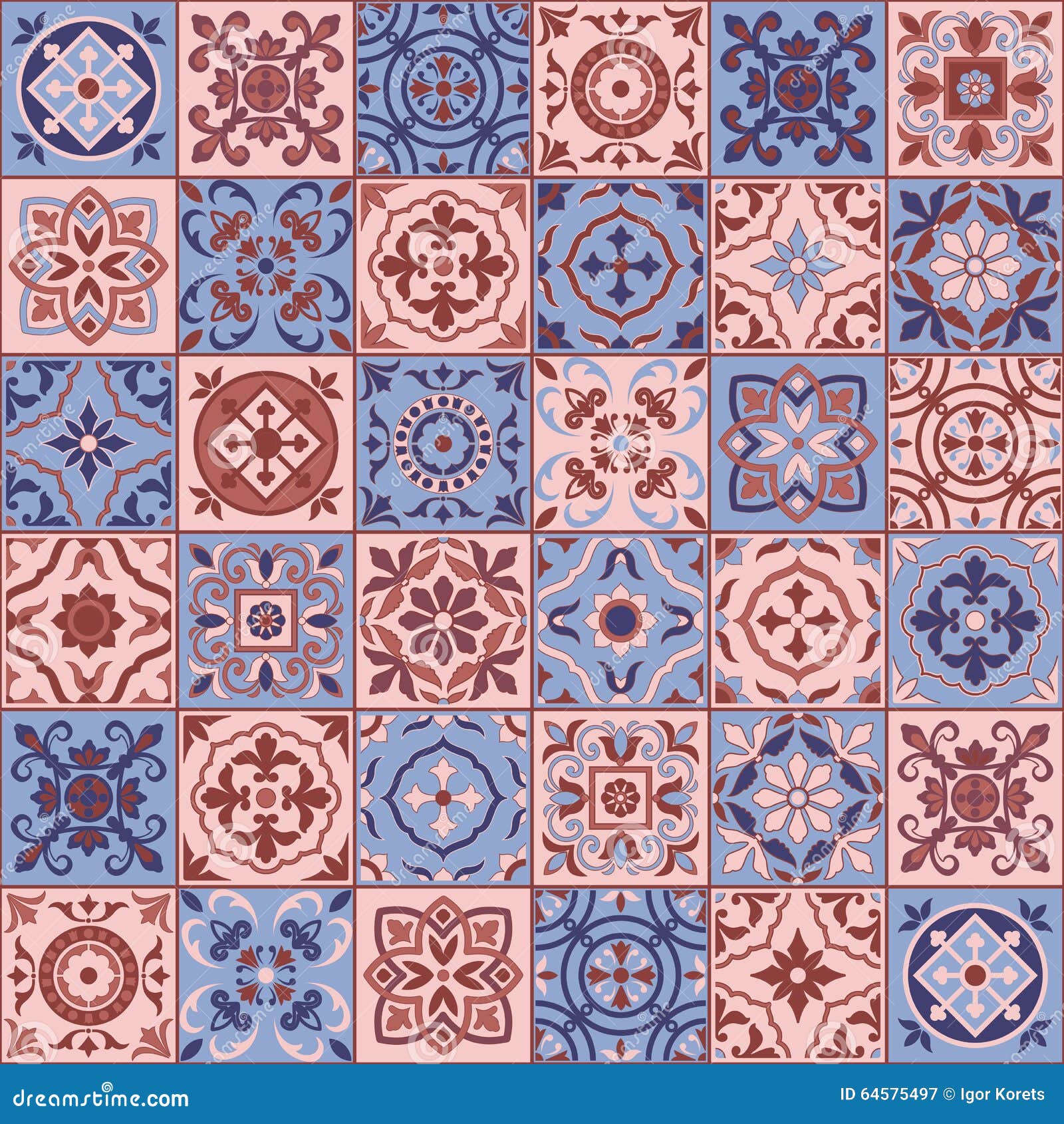 gorgeous seamless pattern white rose quartz and serenity colors moroccan, portuguese tiles, azulejo, ornaments