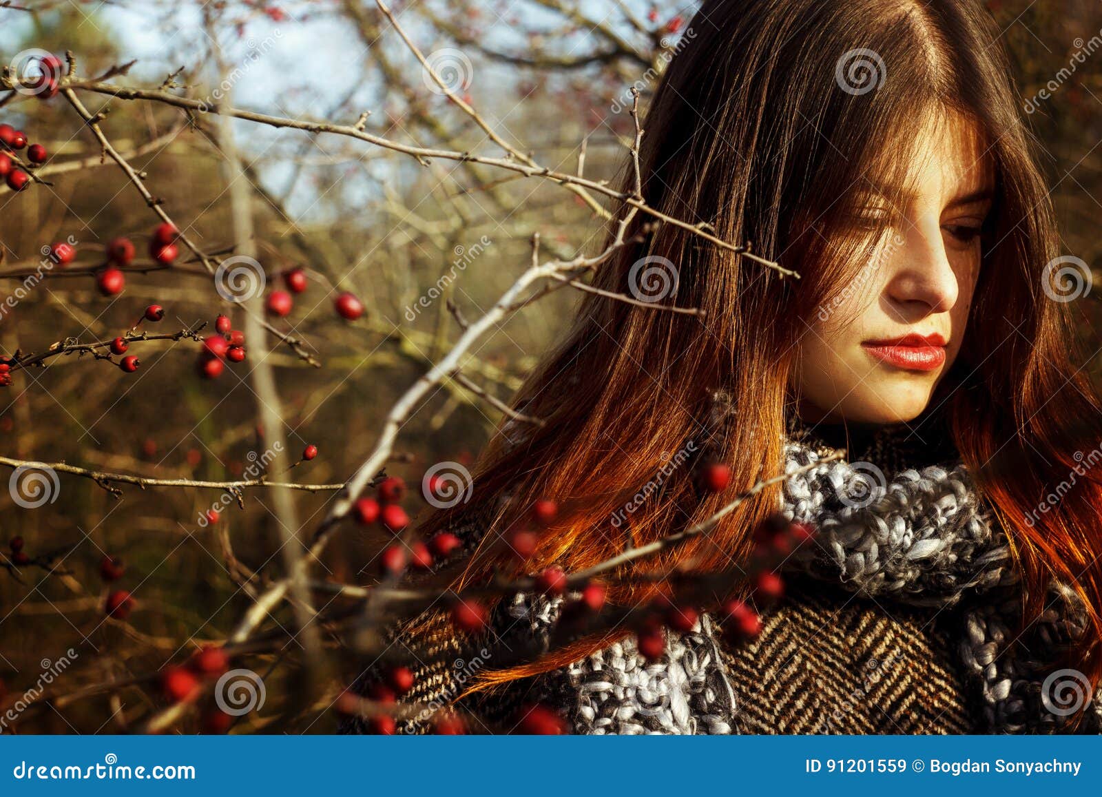 Gorgeous Stylish Beautiful Happy Brunette Girl and Red Berries O Stock ...