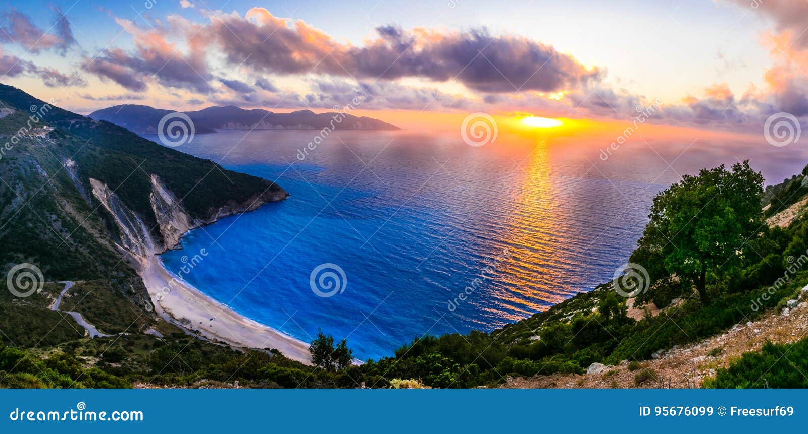 gorgeous sunset over most beautiful beach myrtos, kefalonia island, greece