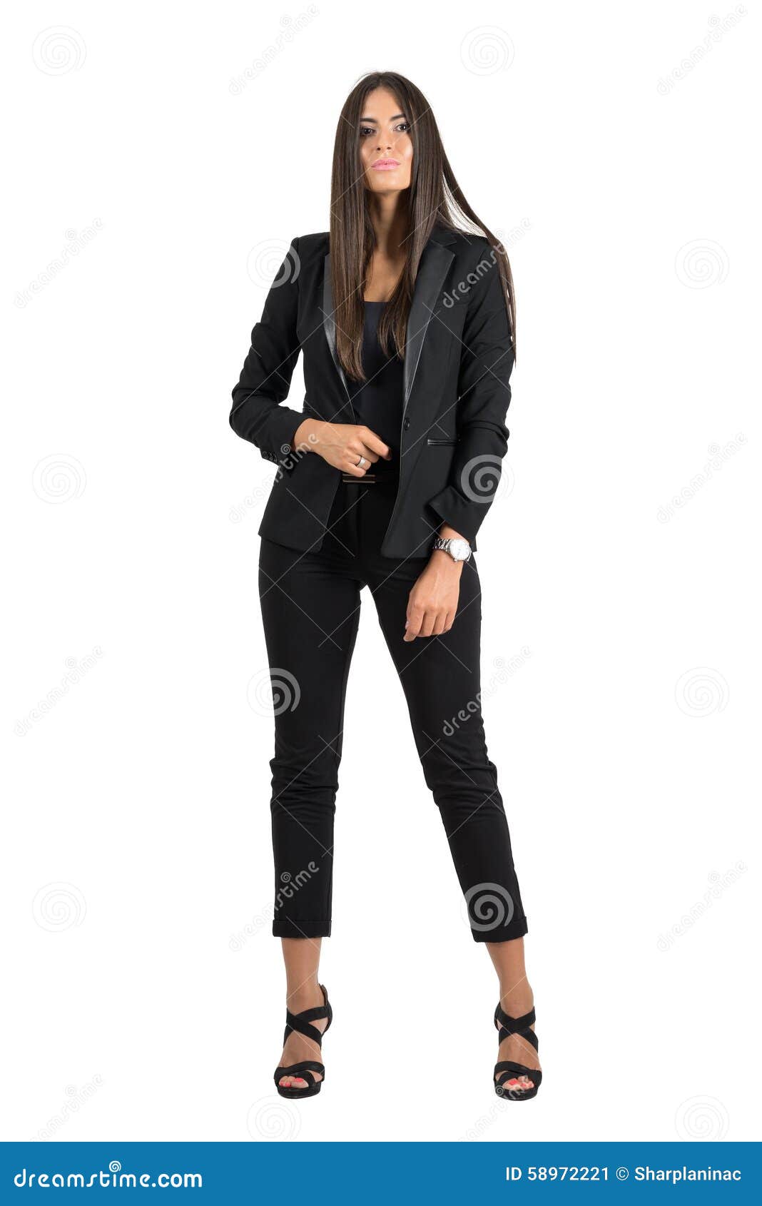 Full Body Woman Portrait Standing In Business Dress Suit In Full