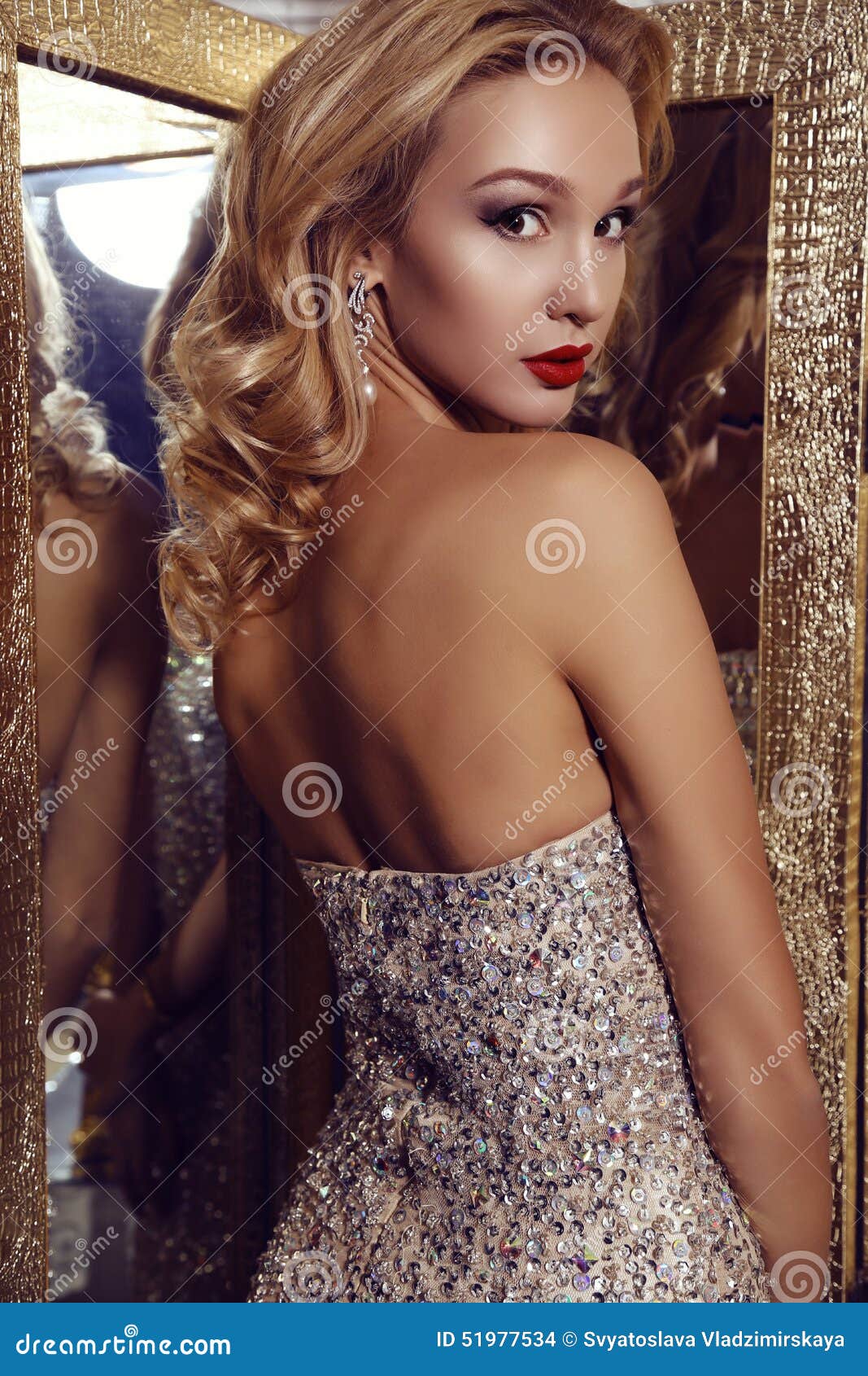 Gorgeous Woman With Blond Hair In Elegant Sequin Dress Stock Photo Image Of Happy Hairstyle