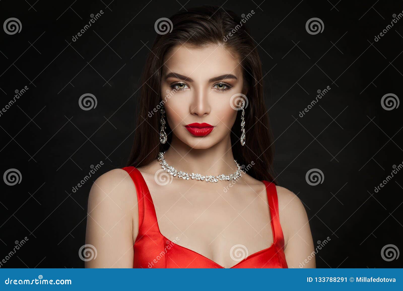 Gorgeous Woman Brunette With Red Lips Makeup Stock Image